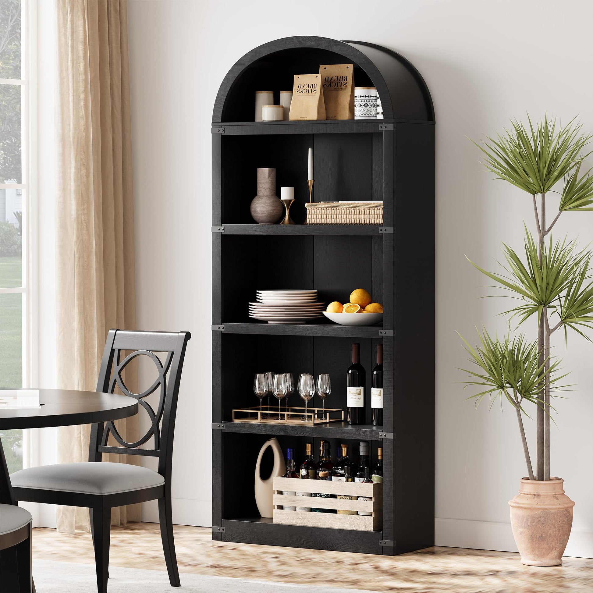 Libreria Garvee con 5 ripiani, stile fattoria ad arco, in legno con angoli in metallo, per soggiorno/ufficio, 71,65x29,92x11,88 pollici, legno naturale