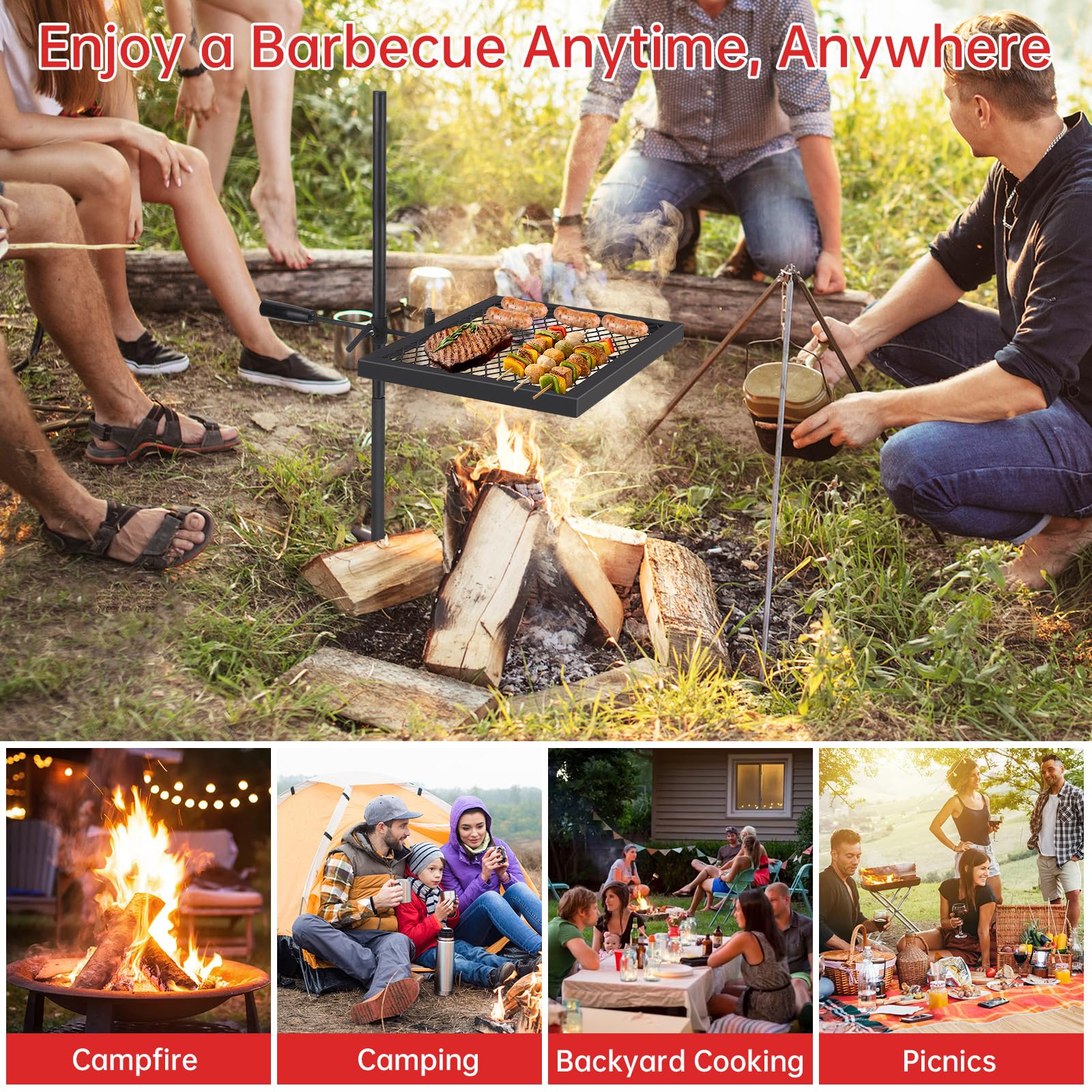 Griglia girevole per falò Garvee da 16,7'' x 12,6'' realizzata in robusto acciaio con rotazione a 360° e regolazione dell'altezza per barbecue all'aperto, picnic, giardino, nera