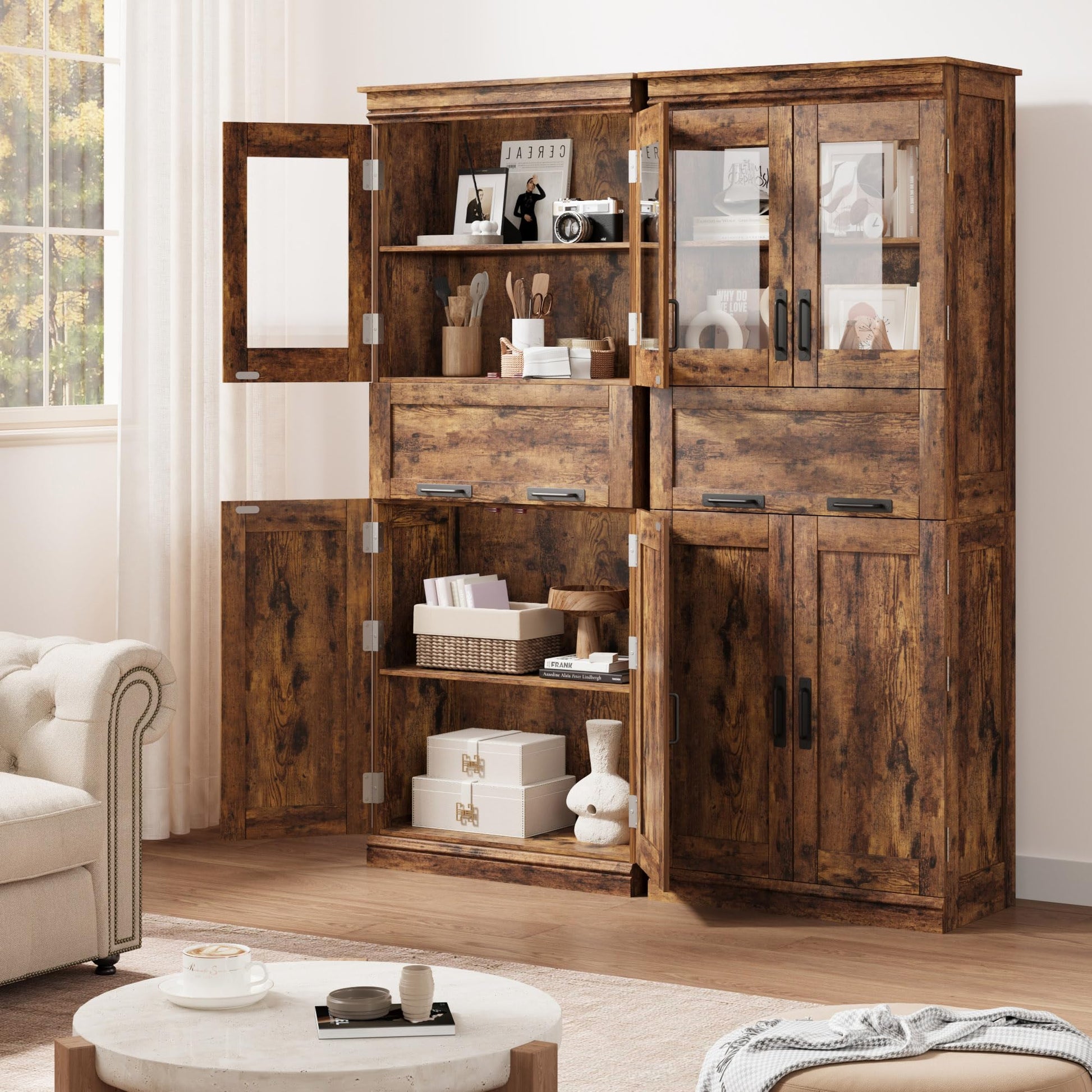 Mobiletto da bagno alto Garvee da 67" con 4 ante e cassetto in vetro per bagno e cucina, ripiani regolabili, marrone rustico, MDF, robusto e moderno