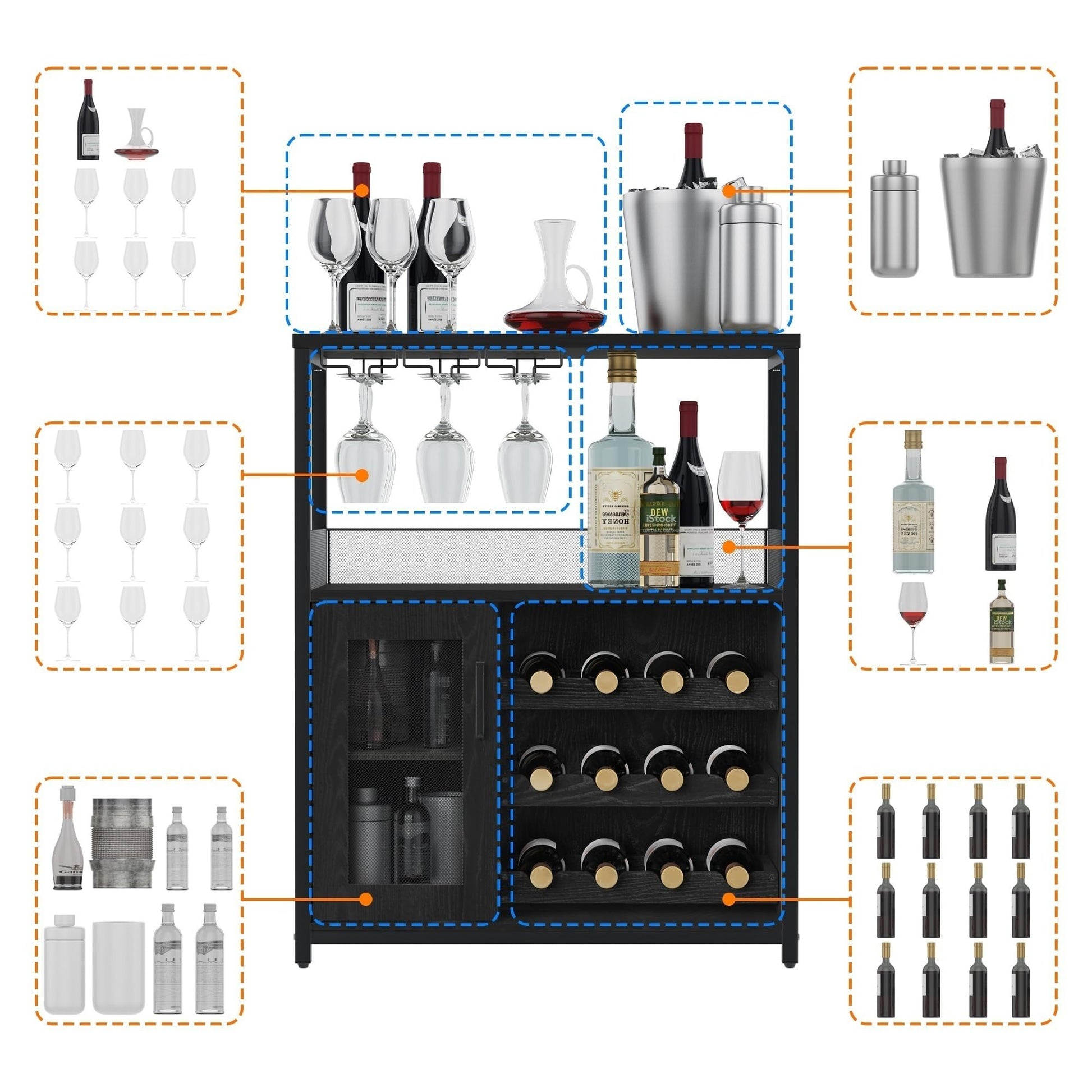 Mobile bar per vino Garvee a 3 ripiani con portabottiglie rimovibile, portabicchieri per cucina e bar, 27,2"L x 13,8"P x 36,2"A, MDF e ferro nero