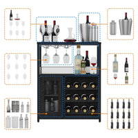 Mobile bar per vino Garvee a 3 ripiani con portabottiglie rimovibile, portabicchieri per cucina e bar, 27,2"L x 13,8"P x 36,2"A, MDF e ferro nero