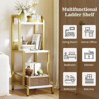 Libreria piccola Garvee a 3 ripiani, ripiano a scala dorato, struttura in metallo robusto, marmo bianco, soggiorno, ufficio, camera da letto