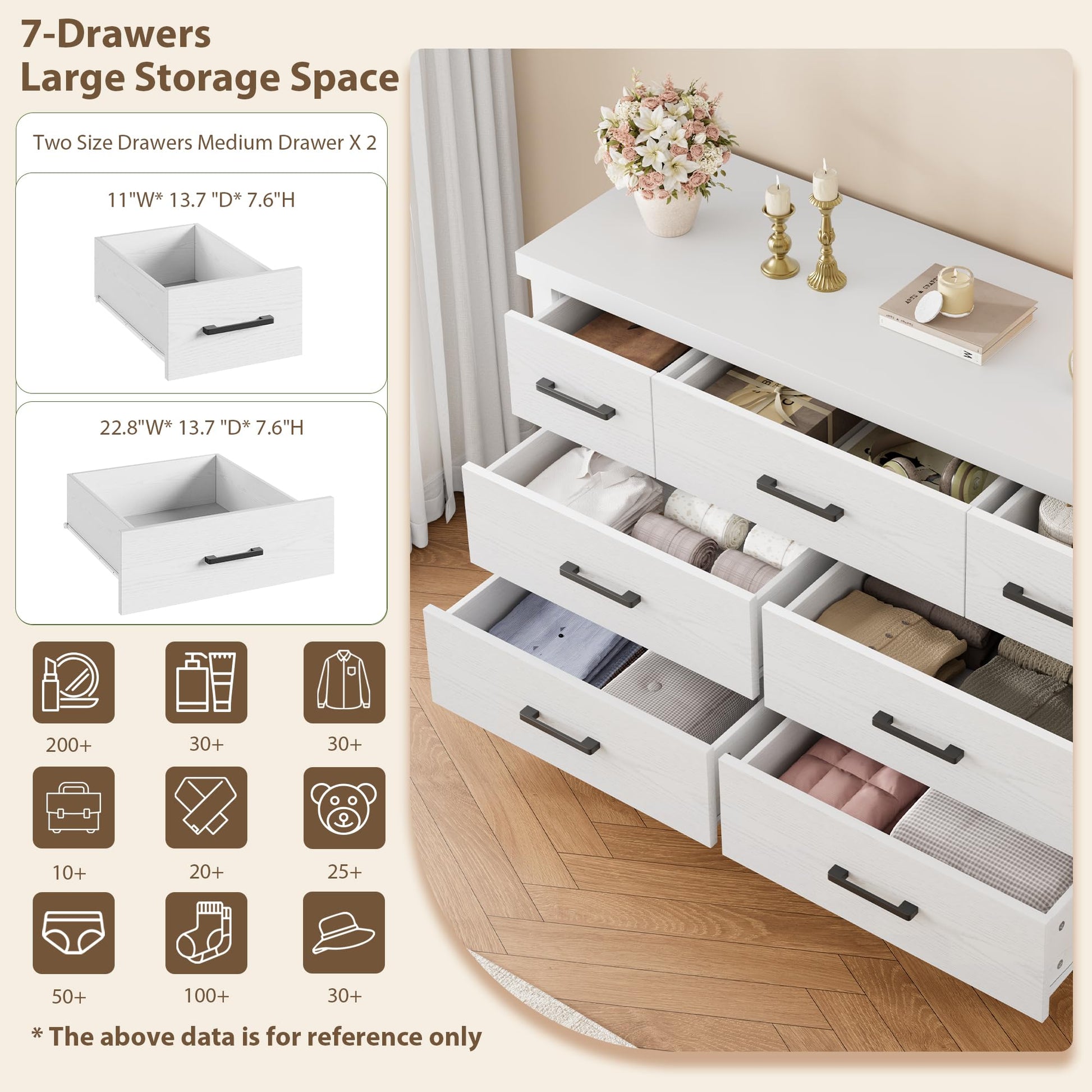 Cassettiera Garvee con 7 cassetti, legno, maniglie in metallo, stile moderno, per camera da letto e soggiorno, robusta e sicura