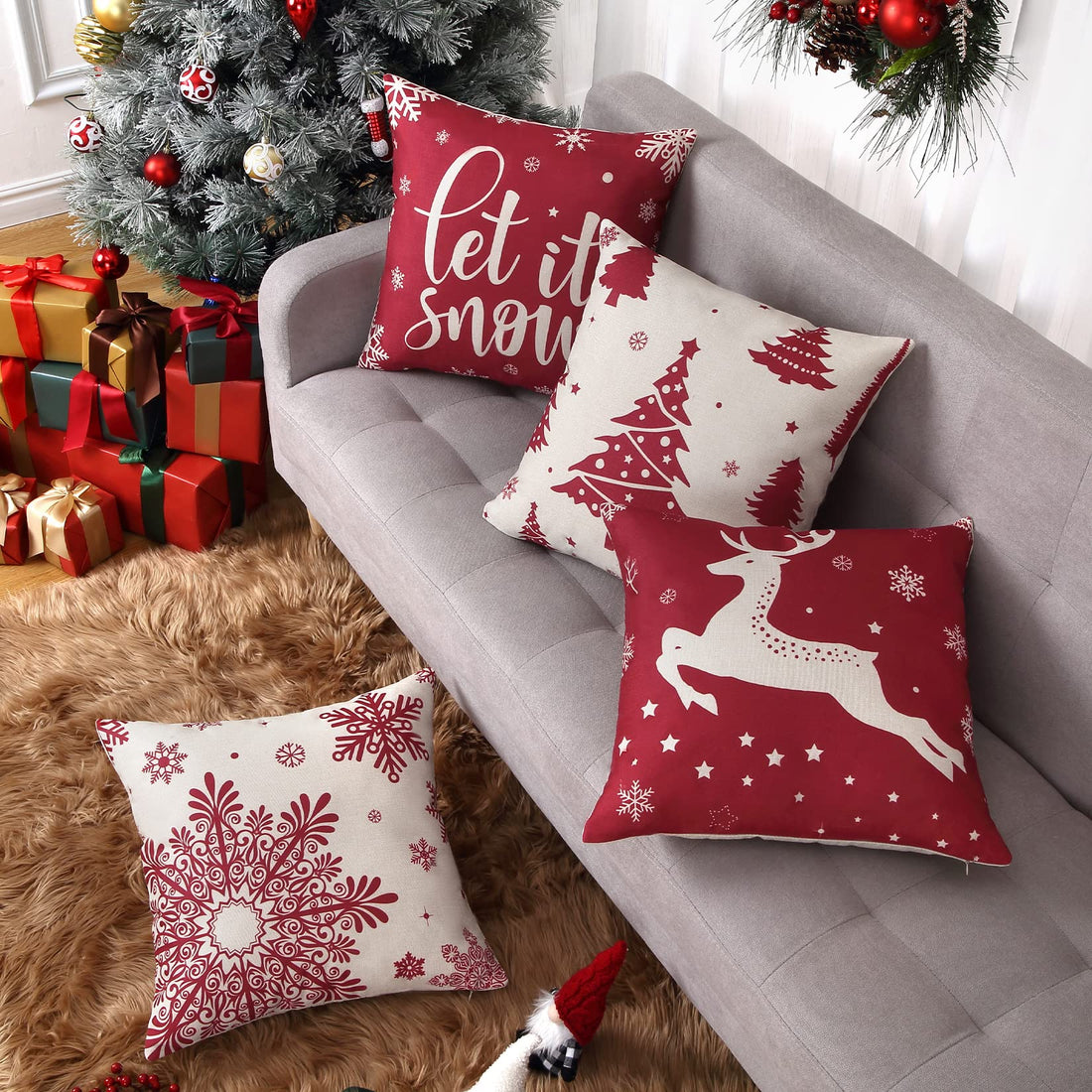 Garvee Fundas De Cojín Navideñas Juego 4 Piezas Lino Y Poliéster Rojo 45x45cm Para Sofá Y Dormitorio