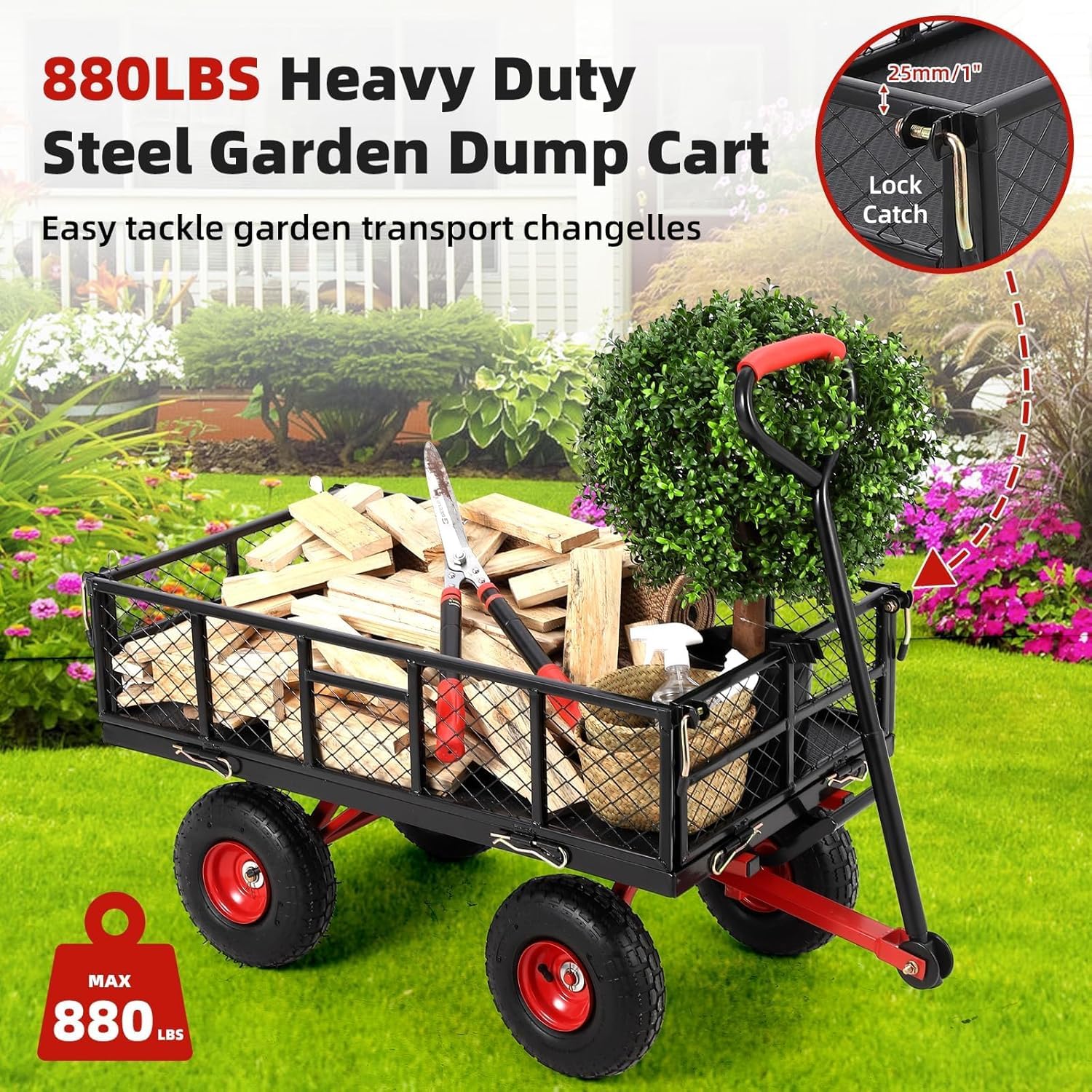 Carrello da Giardino Garvee 398 kg con Pneumatici 25.4 cm Tutti Terreni - Robusto Acciaio 88.9x50.8 cm, 4 Lati Staccabili, Giardino e Cortile