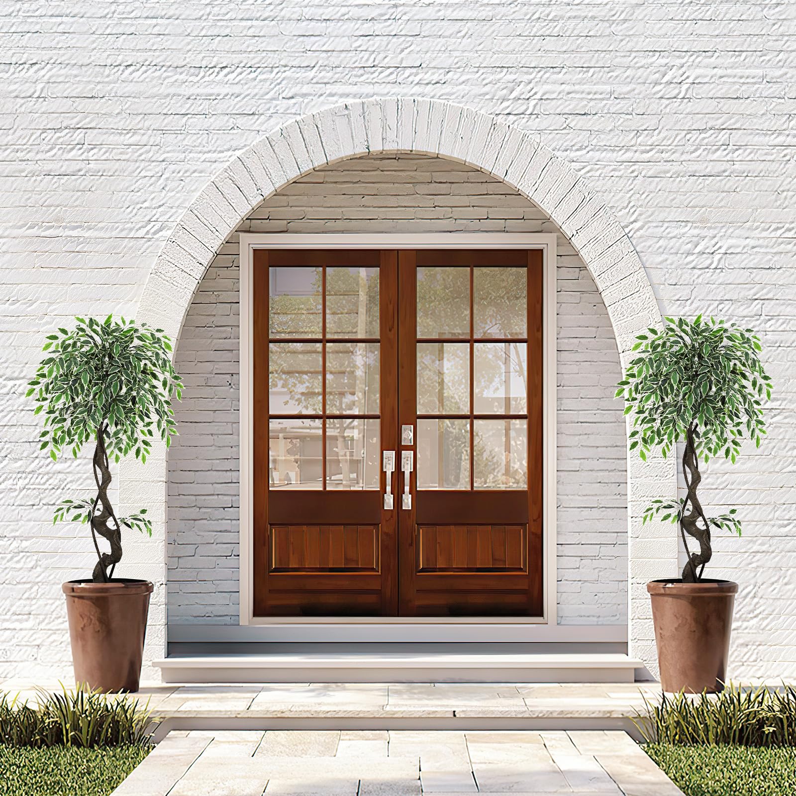 Albero di ficus artificiale Garvee da 4 piedi con oltre 700 foglie di seta, robusto vaso in ceramica per interni, esterni, soggiorno, ufficio, arredamento verde bianco