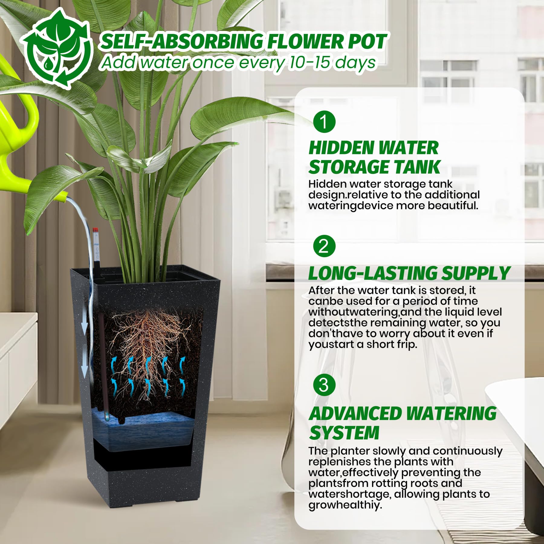 Garvee Set di 2 fioriere alte 57.15 cm con irrigazione automatica e monitor del livello dell'acqua per balcone e terrazza, pois bianchi e neri, plastica resistente alle intemperie