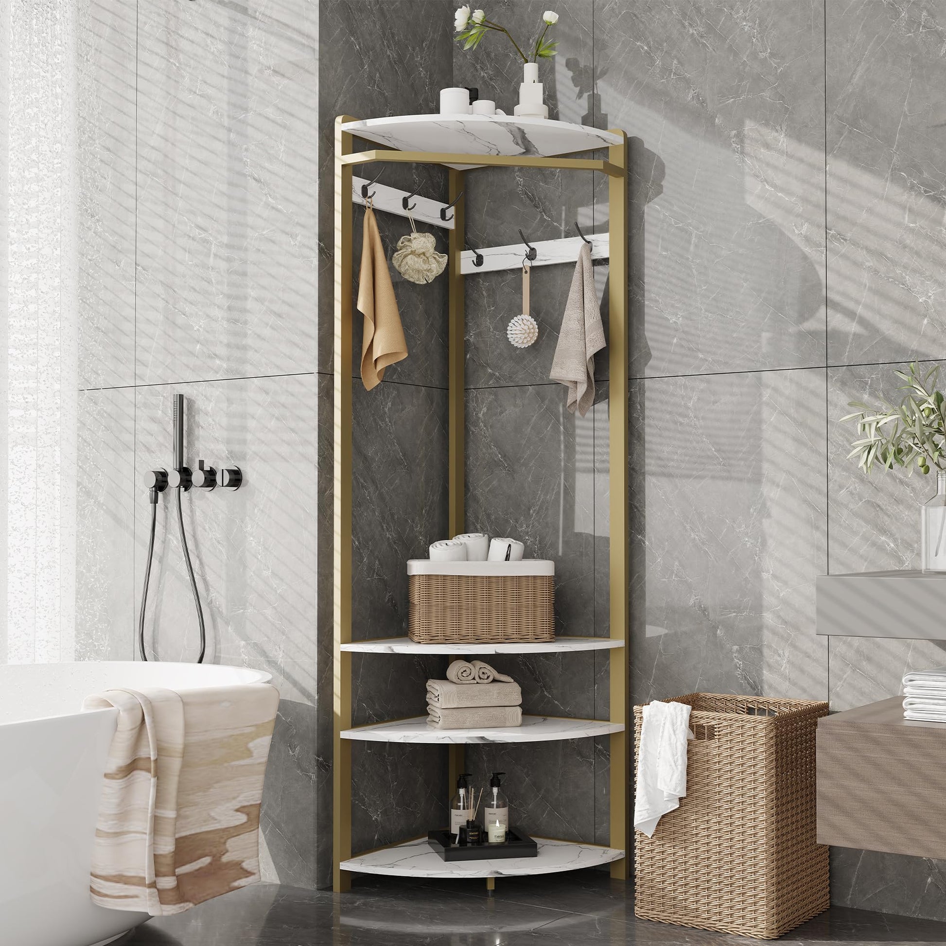 Armadio angolare Garvee con scarpiera, 6 ganci doppi, legno robusto, per corridoio e ingresso, 70,8 pollici, salvaspazio