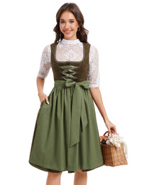 Garvee - Set completo di 3 pezzi di Dirndl midi da donna, abbigliamento tradizionale per l'Oktoberfest, verde militare, taglie 34-52