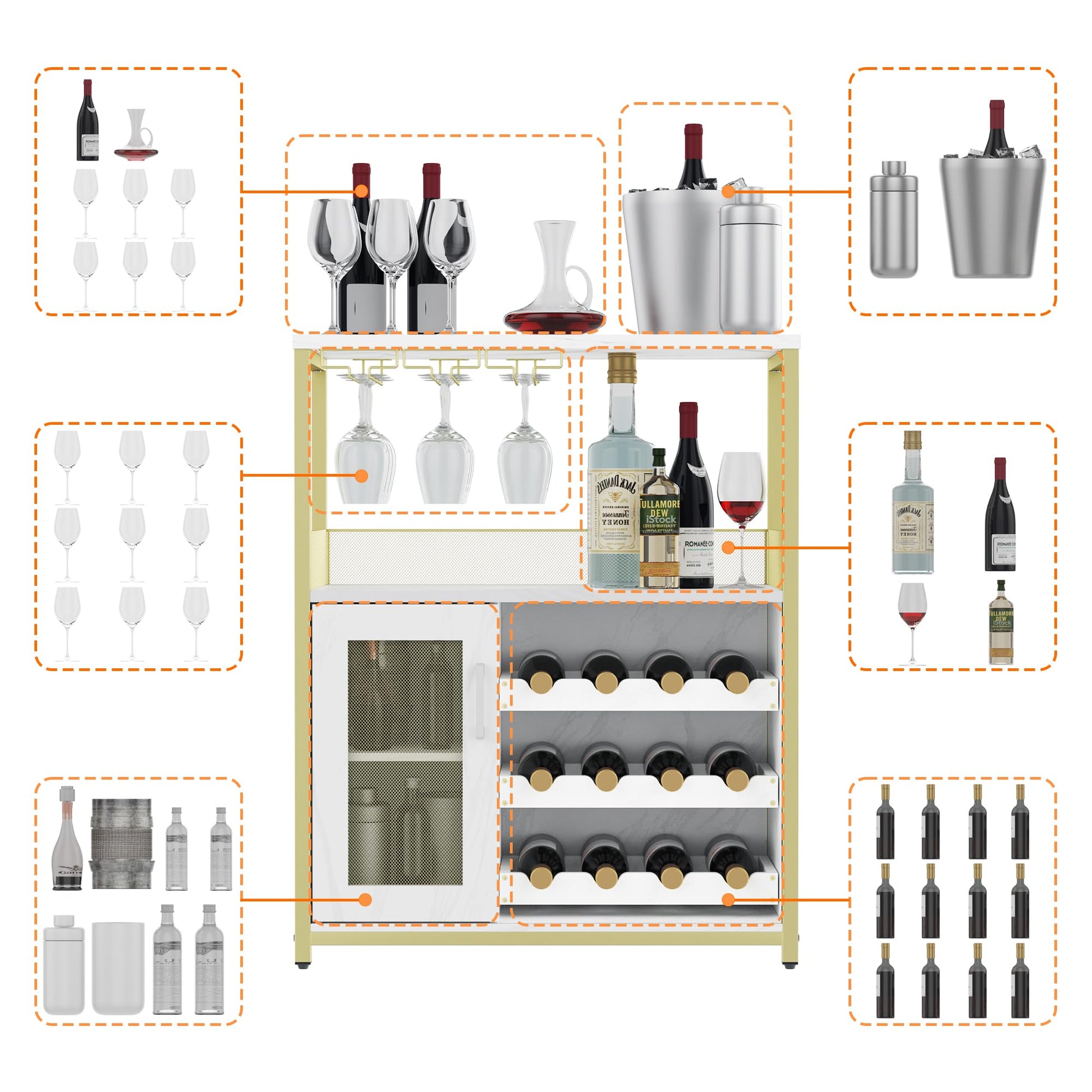 Mobile bar portabottiglie Garvee con portabottiglie rimovibile, portabicchieri, MDF e ferro, oro, per soggiorno e bar, 27,2"L x 13,8"P x 36,2"A