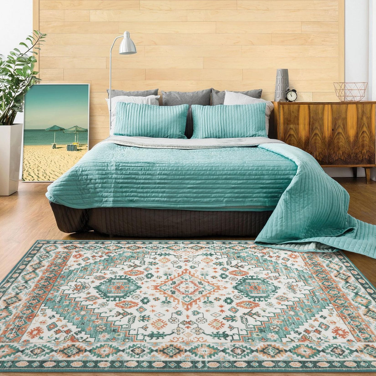 Tappeto Garvee a pelo corto lavabile in lavatrice 120 x 170 cm arancione-verde orientale antiscivolo e facile da pulire per il soggiorno