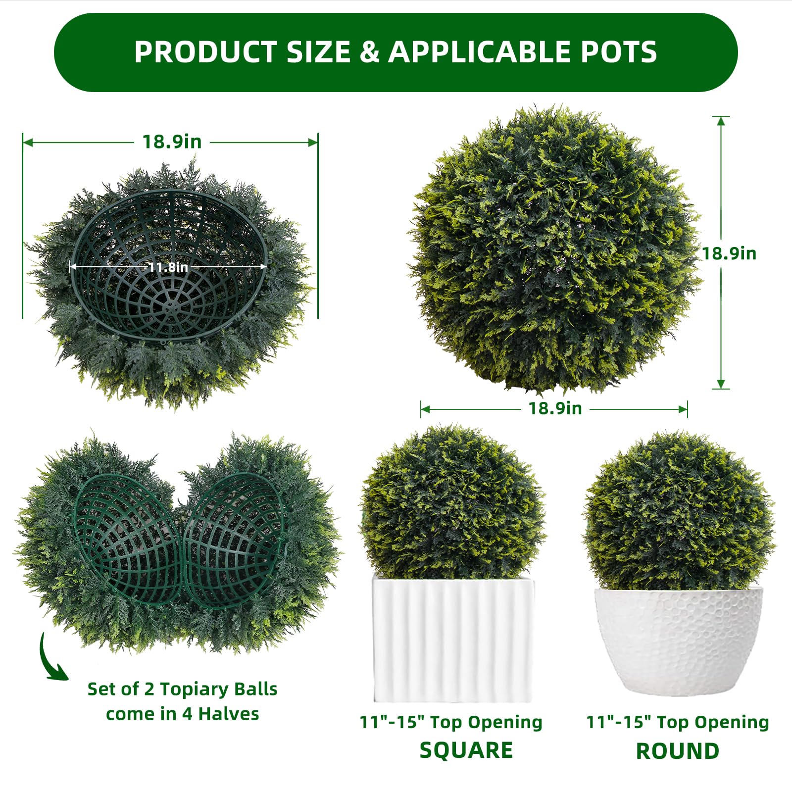 Sfere di cedro artificiale Garvee, set da 2, resistenti alle intemperie, senza manutenzione, materiale PE, per giardino e matrimonio, verde, 2 pezzi