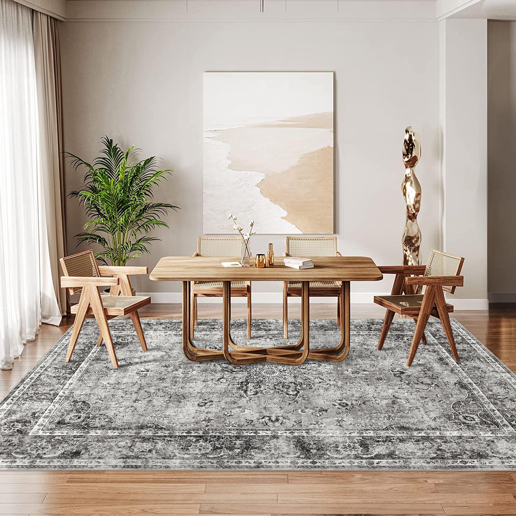 Tappeto vintage lavabile Garvee 120x170cm, antiscivolo, retrò, per soggiorno, camera da letto, grigio