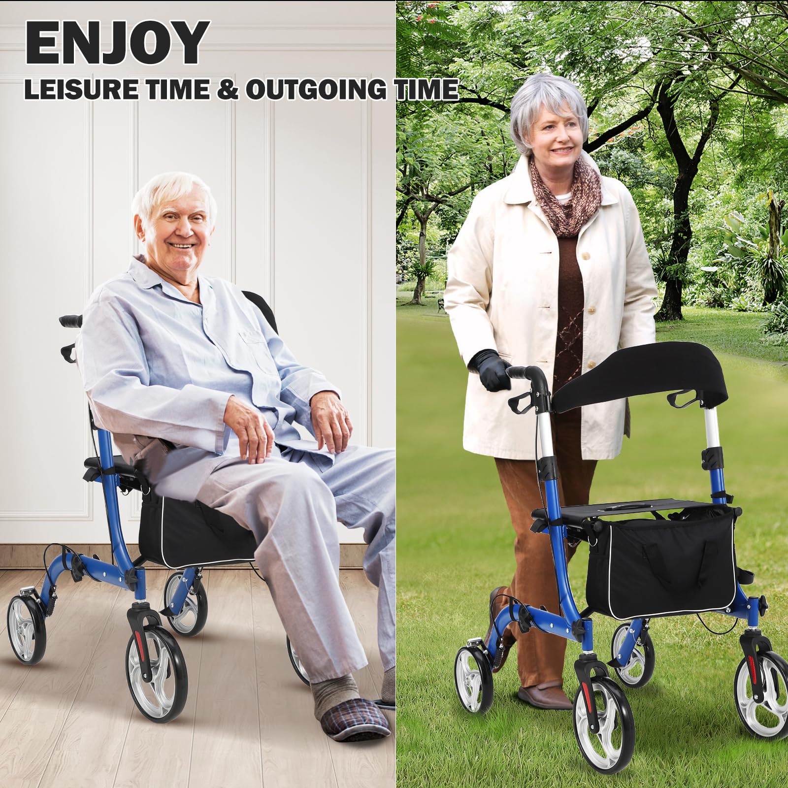 Garvee Rollator pieghevole e sedia da trasporto 2 in 1, capacità di carico di 136 kg, rollator per tutti i terreni con doppio sistema frenante e borsa portaoggetti, telaio in alluminio leggero per anziani, shopping, uso esterno