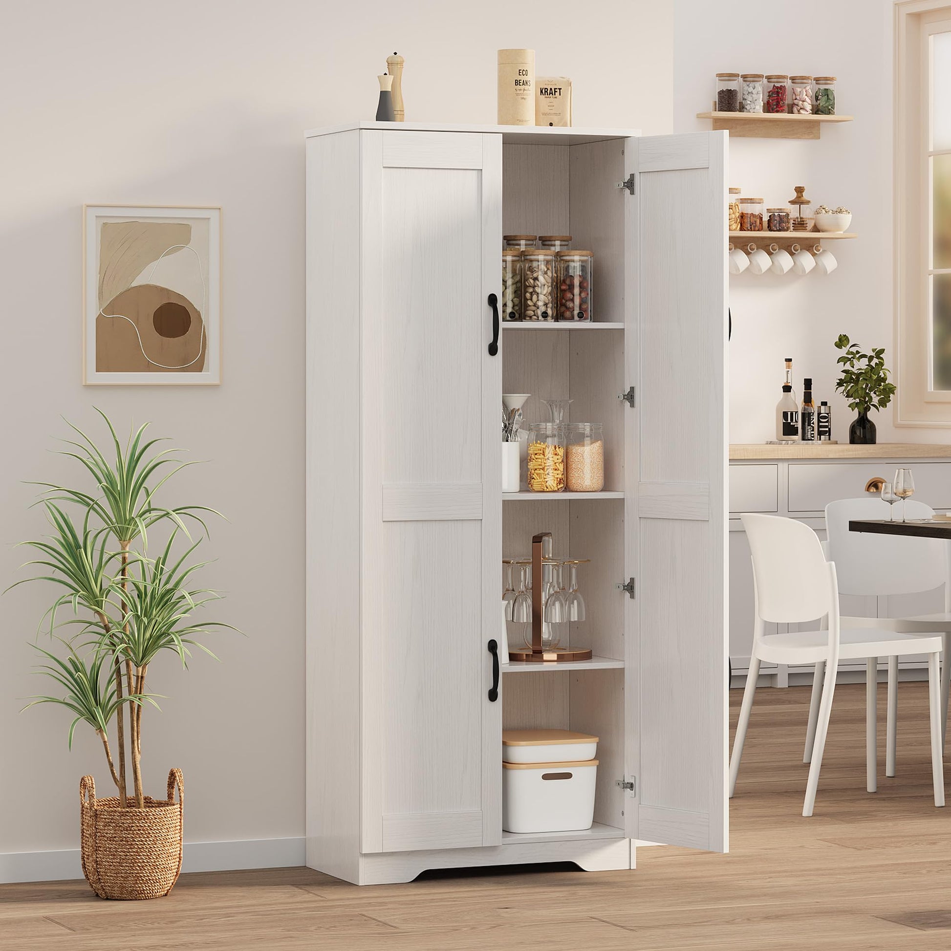 Mobile dispensa alto Garvee da 60" con 2 ante, ripiani regolabili, bianco, versatile per cucina e bagno