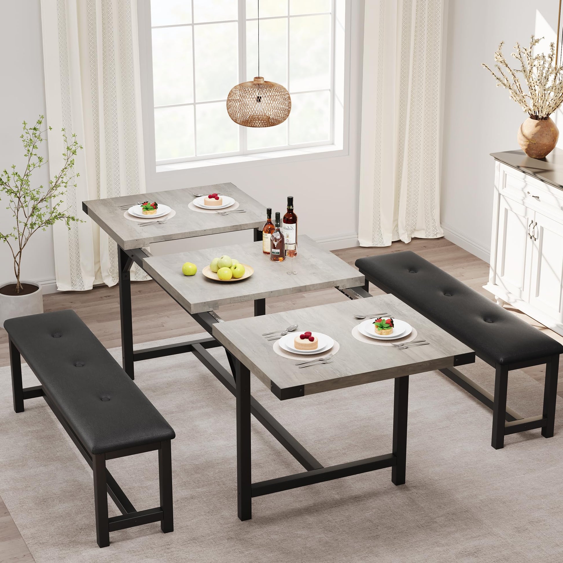Tavolo da pranzo estensibile Garvee da 63" per 4-8 persone, grigio retrò, 3 pezzi, MDF e metallo, salvaspazio per appartamenti