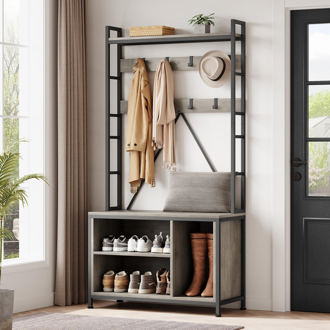 Garvee Hall Tree con panca e guardaroba 5 in 1 Organizer per corridoio e ingresso Legno Regolabile Robusto