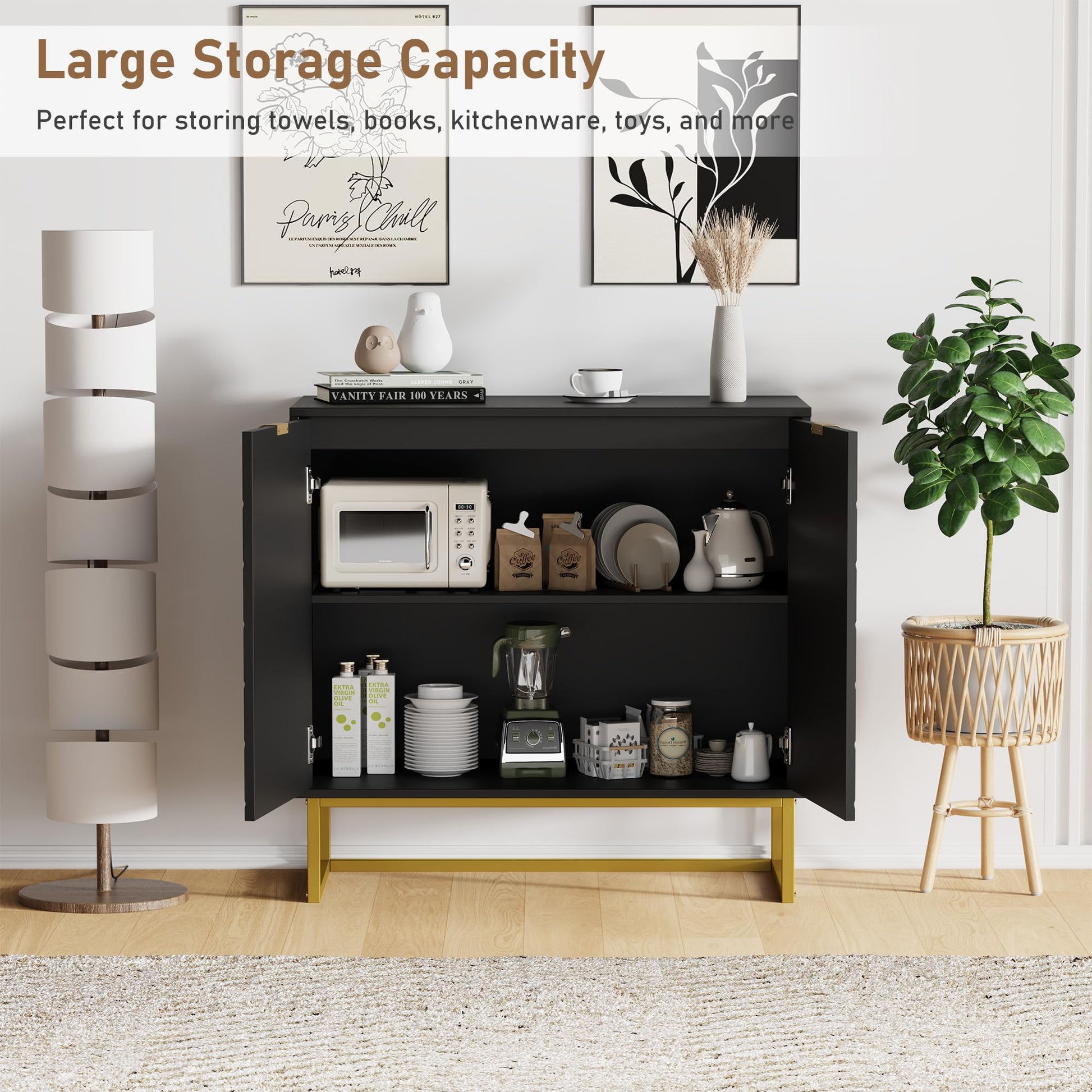 Credenza moderna Garvee da 31,5" con contenitore, motivo a spina di pesce, legno e metallo, maniglie dorate per sala da pranzo e corridoio, oro