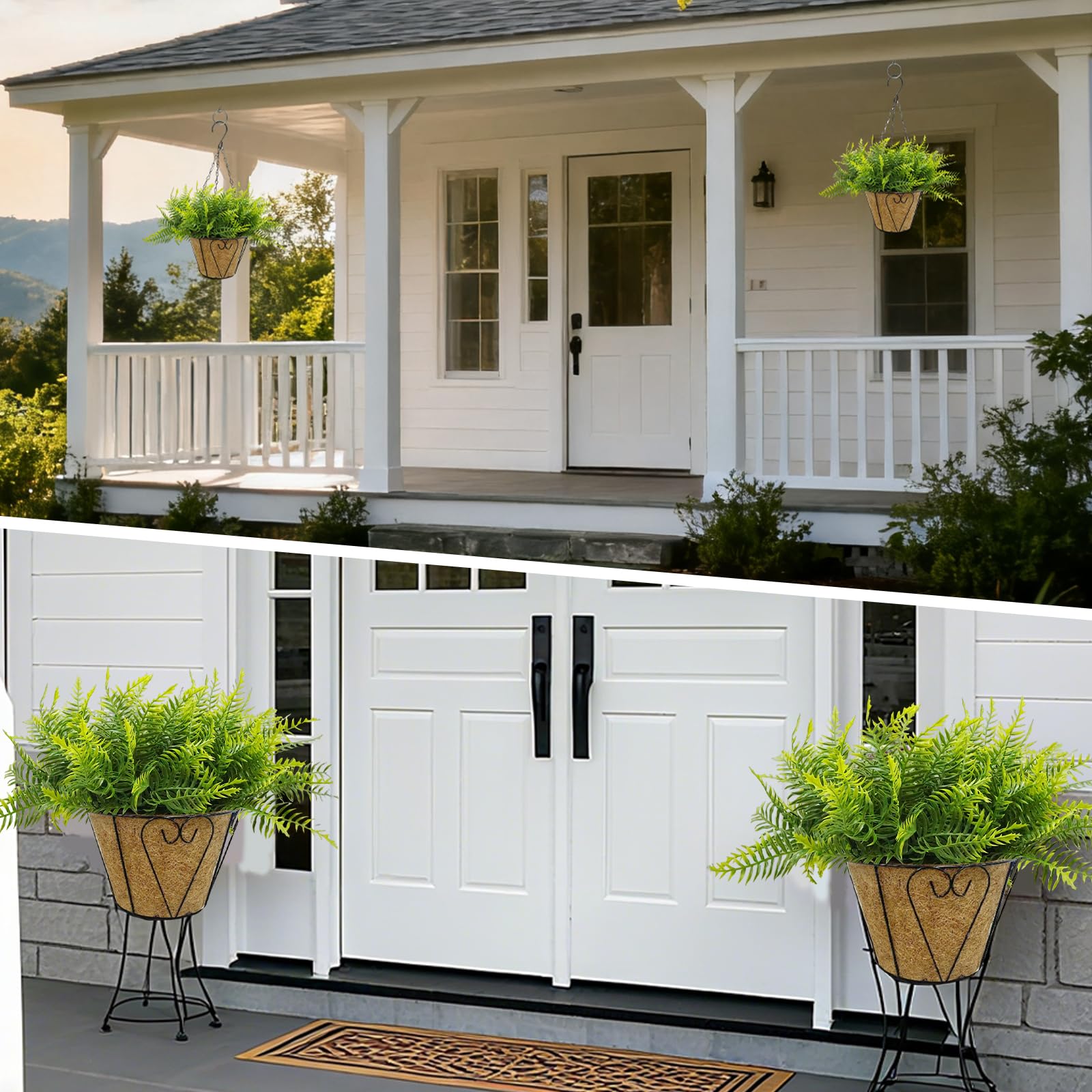 Garvee Set da 2 pezzi di felci artificiali da appendere all'esterno con cesto per giardino, balcone, terrazza, resistenti ai raggi UV, resistenti alle intemperie, in plastica, realistiche