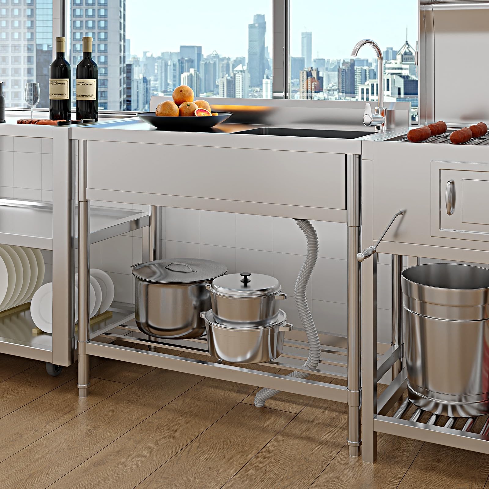 Lavello multiuso Garvee in acciaio inox da 39" con vasca singola indipendente e scolapiatti per cucina e giardino, rubinetto girevole a 360°, antiruggine, argento