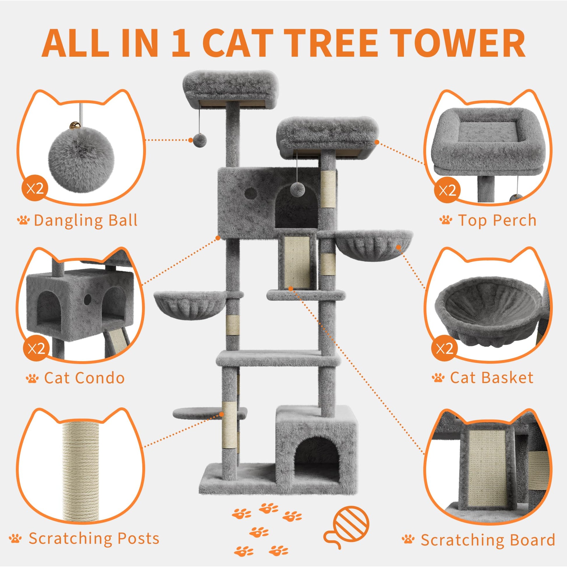 Albero per gatti Garvee Large da 66 pollici con tiragraffi in sisal per giocare e riposare al chiuso, multilivello, comodo e stabile