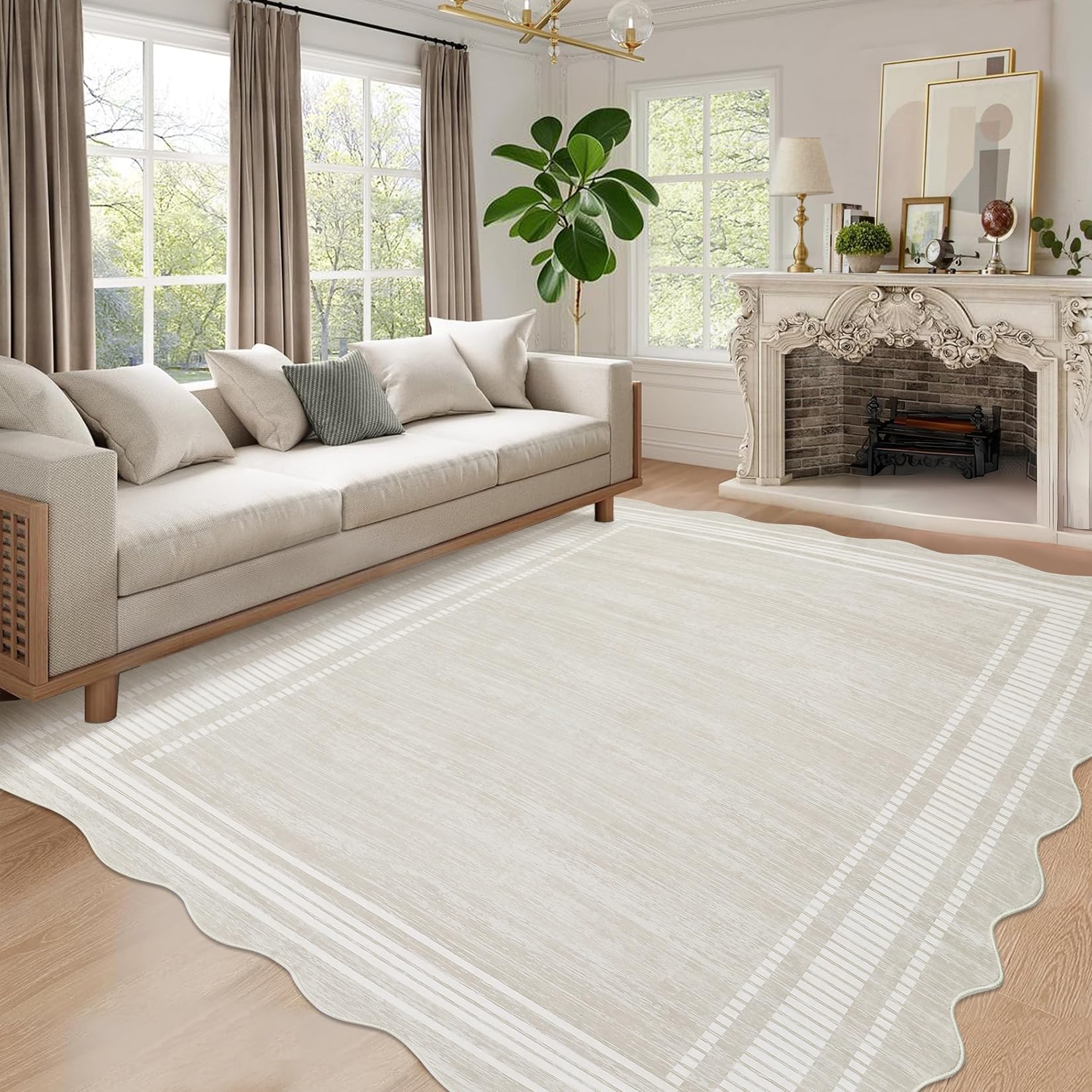 Tappeto Garvee Scalloped 8x10, moderno geometrico, lavabile, antiscivolo, antimacchia, in poliestere, per soggiorno, camera da letto, ufficio, colori neutri