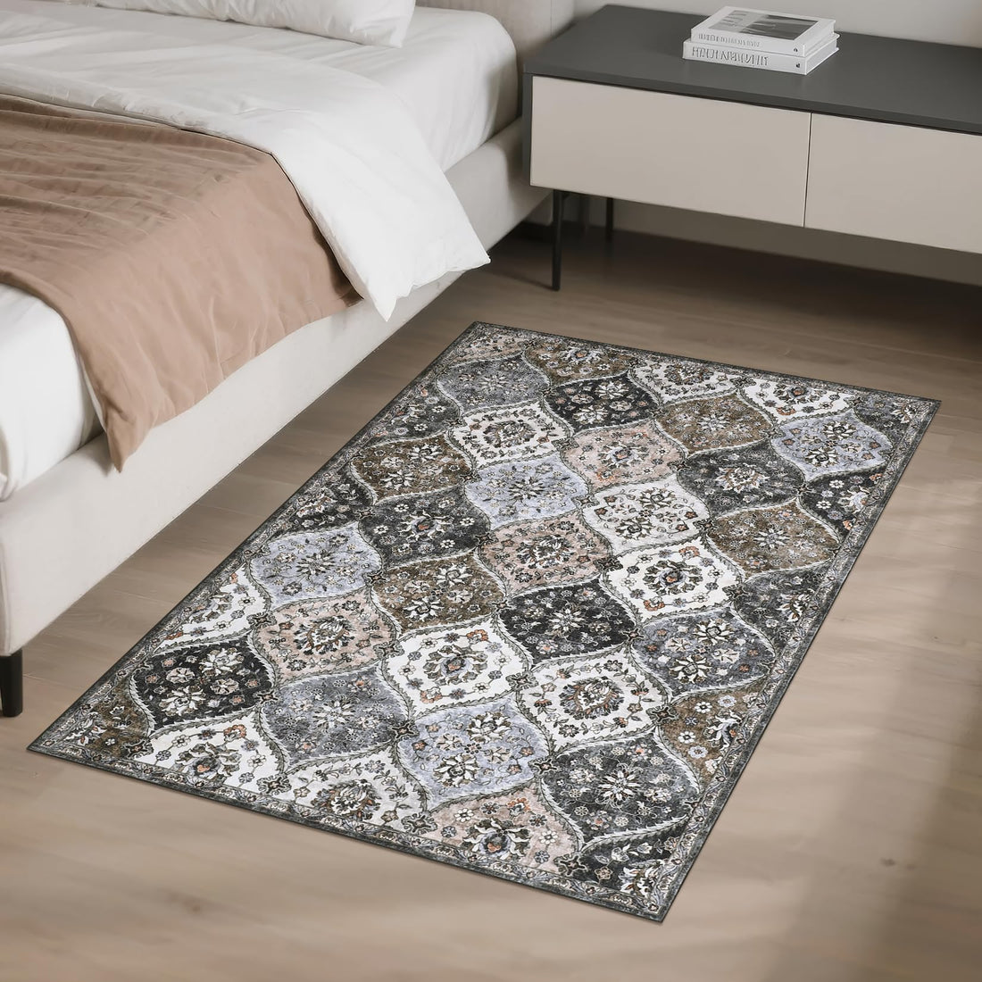 Garvee Tappeto piccolo 80x150cm Tappeto vintage per ingresso, camera da letto, cucina, grigio marrone, antiscivolo, lavabile