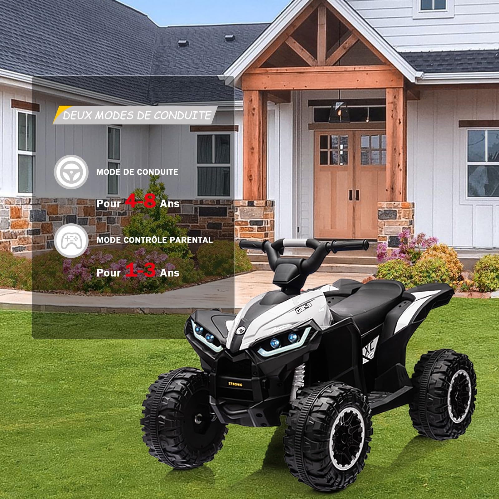 Garvee Quad per bambini argento 83x53x56cm LED con telecomando musicale – Quad elettrico per bambini dai 3 anni in su con illuminazione e telecomando per genitori per giardino e parco giochi.