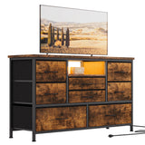 Mobile TV Garvee con 8 cassetti, illuminazione a LED, prese di corrente integrate per soggiorno e camera da letto, legno MDF, antigraffio, gestione dei cavi - Marrone rustico