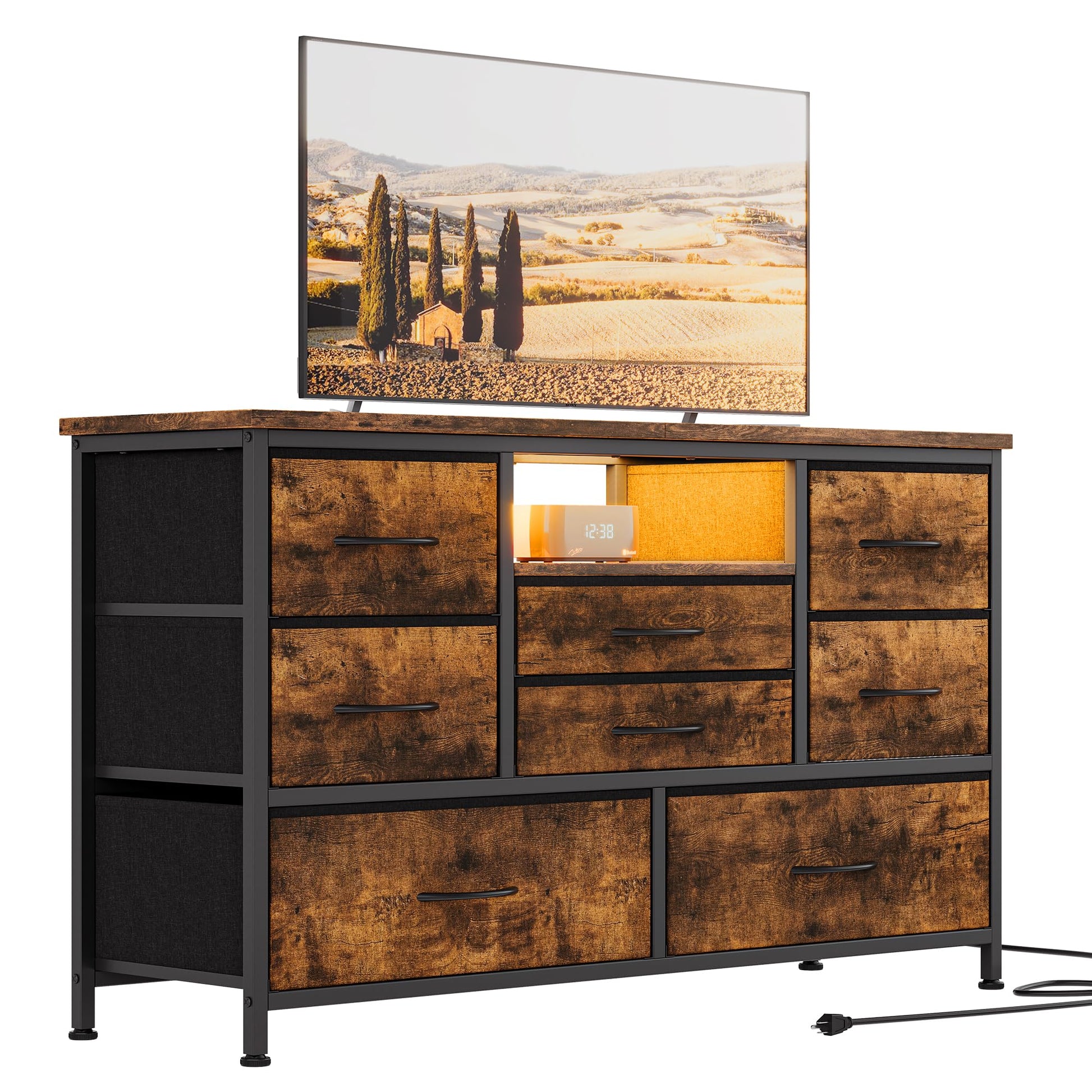 Mobile TV Garvee con 8 cassetti, illuminazione a LED, prese di corrente integrate per soggiorno e camera da letto, legno MDF, antigraffio, gestione dei cavi