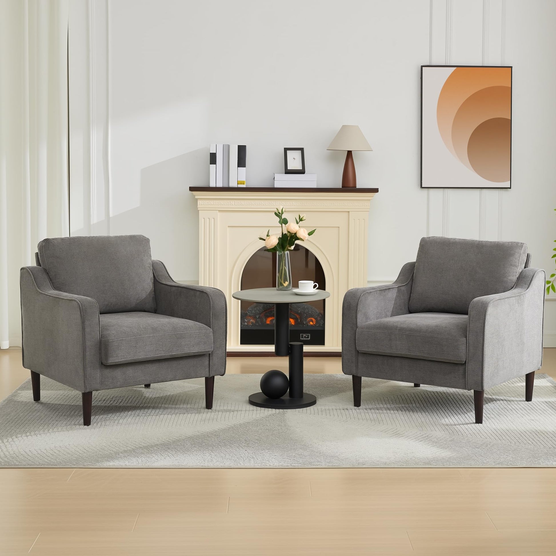 Poltrona Garvee Mid-Century con tessuto di lino e gambe in legno per soggiorno e ufficio, 30"L x 32"A, beige