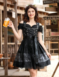 Garvee Dirndl da donna, set completo Dirndl midi da 3 pezzi, abito tradizionale con grembiule, camicetta, vestito, nero, taglia 34