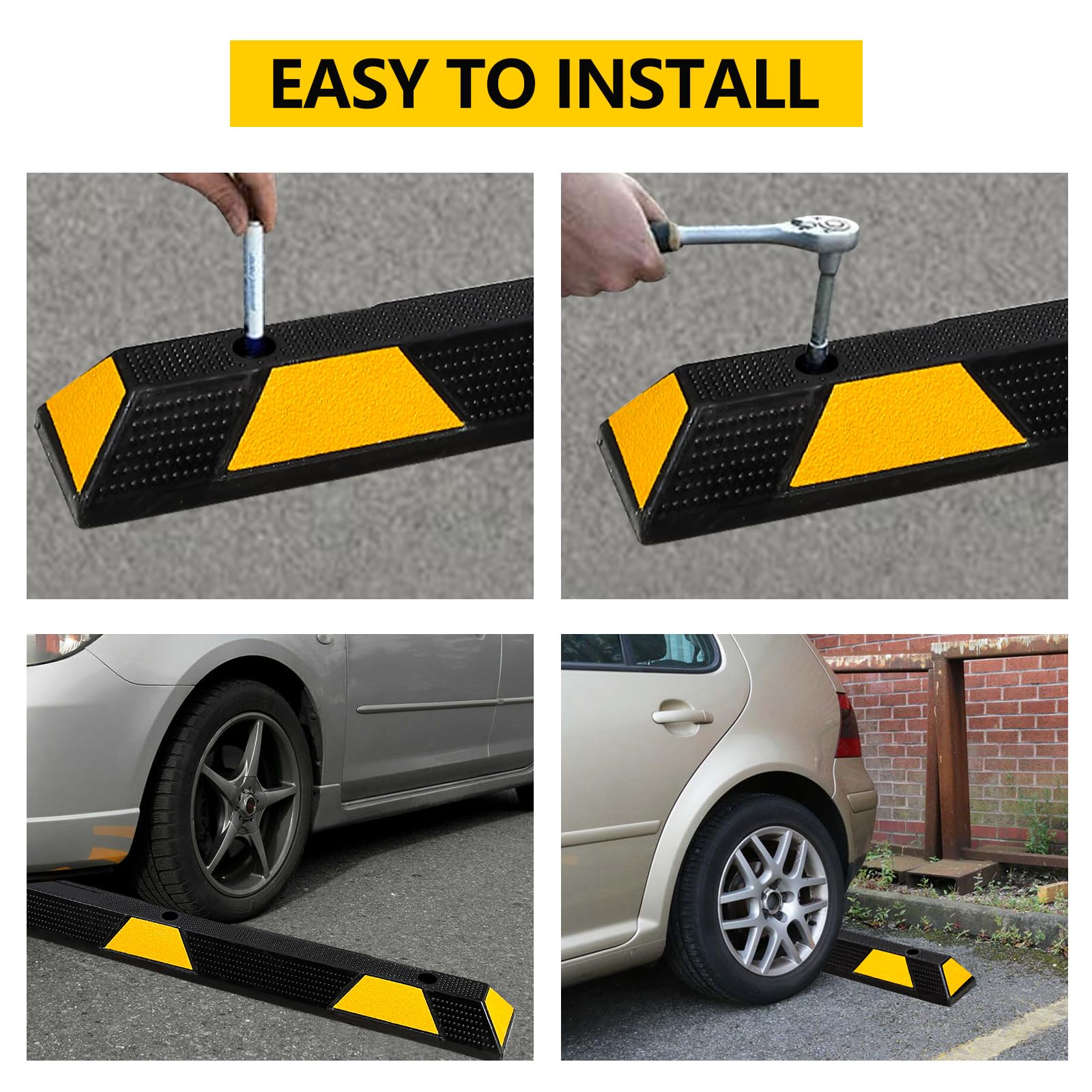 Freno di stazionamento in gomma Garvee da 72 pollici con 8 strisce riflettenti per auto, camion, camper, garage, vialetto, nero