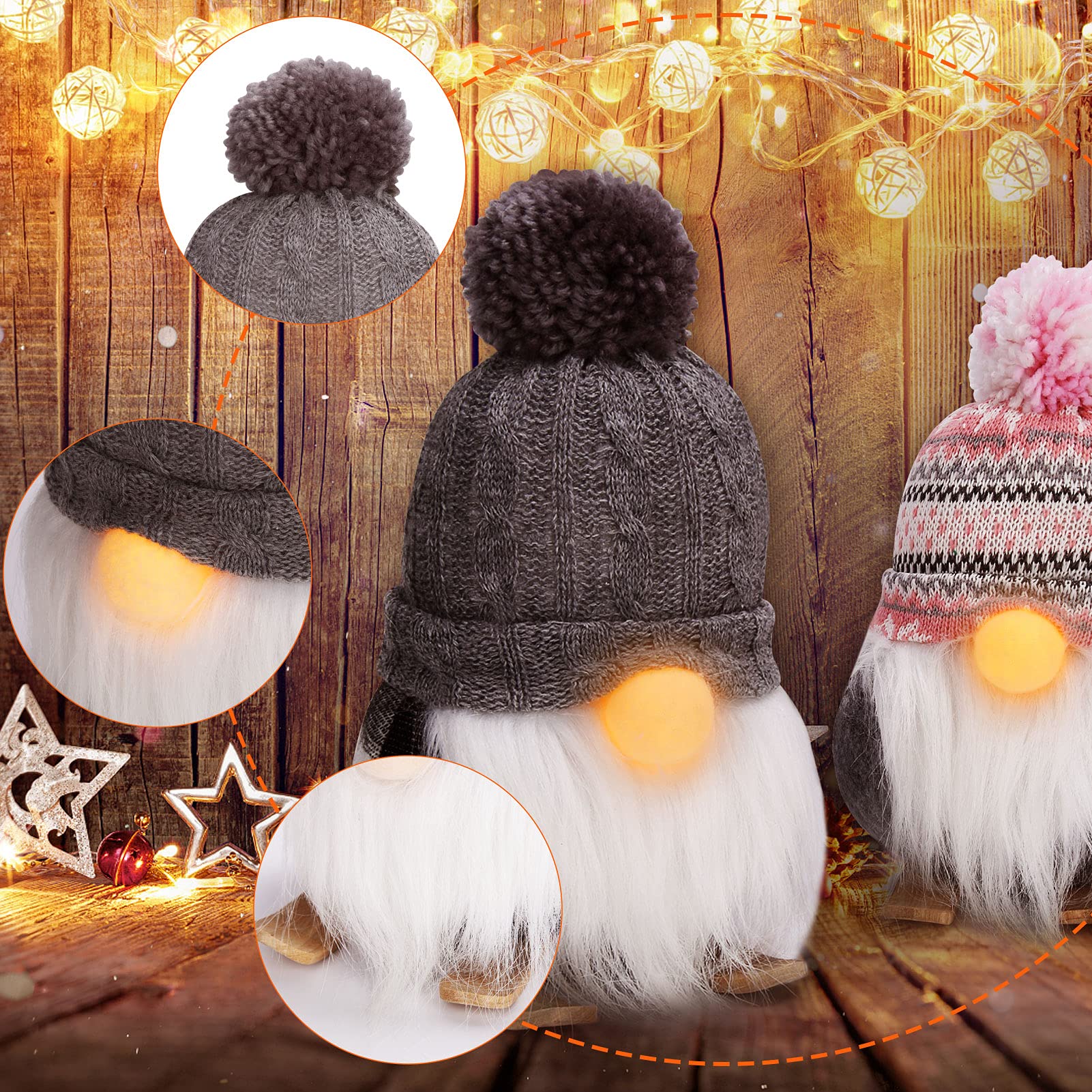 Garvee Set di 2 gnomi natalizi con naso a LED e sci in legno, fatti a mano, 8 pollici, grigio e nero, decorazione da tavolo e mensola