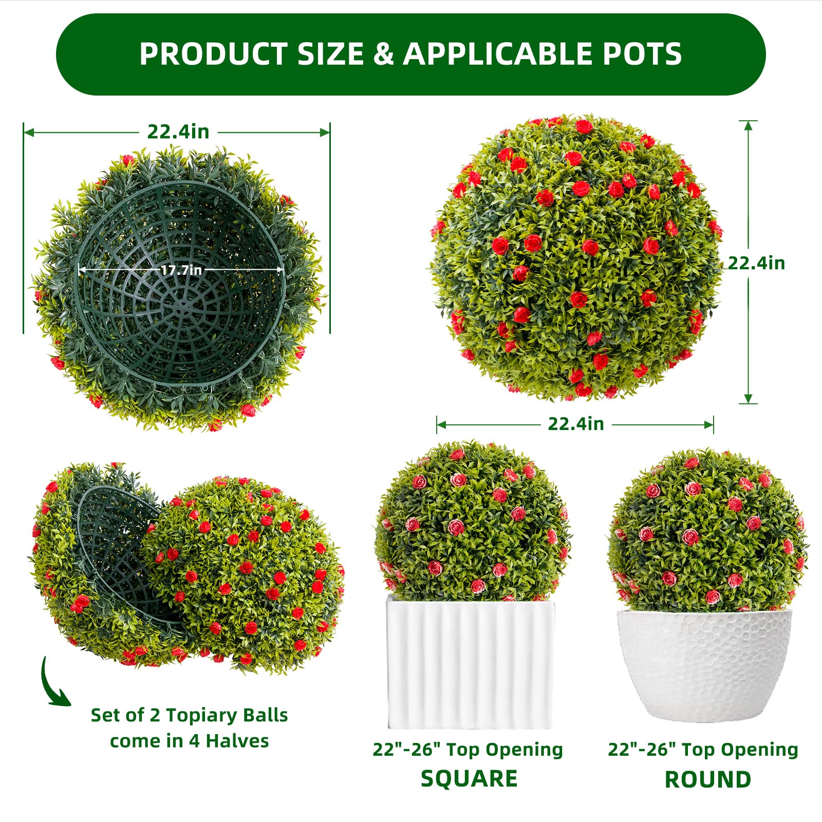 Garvee 22,4" Set di 2 palle di bosso artificiali con fiori rossi per balcone e giardino Materiale PE resistente alle intemperie Verde