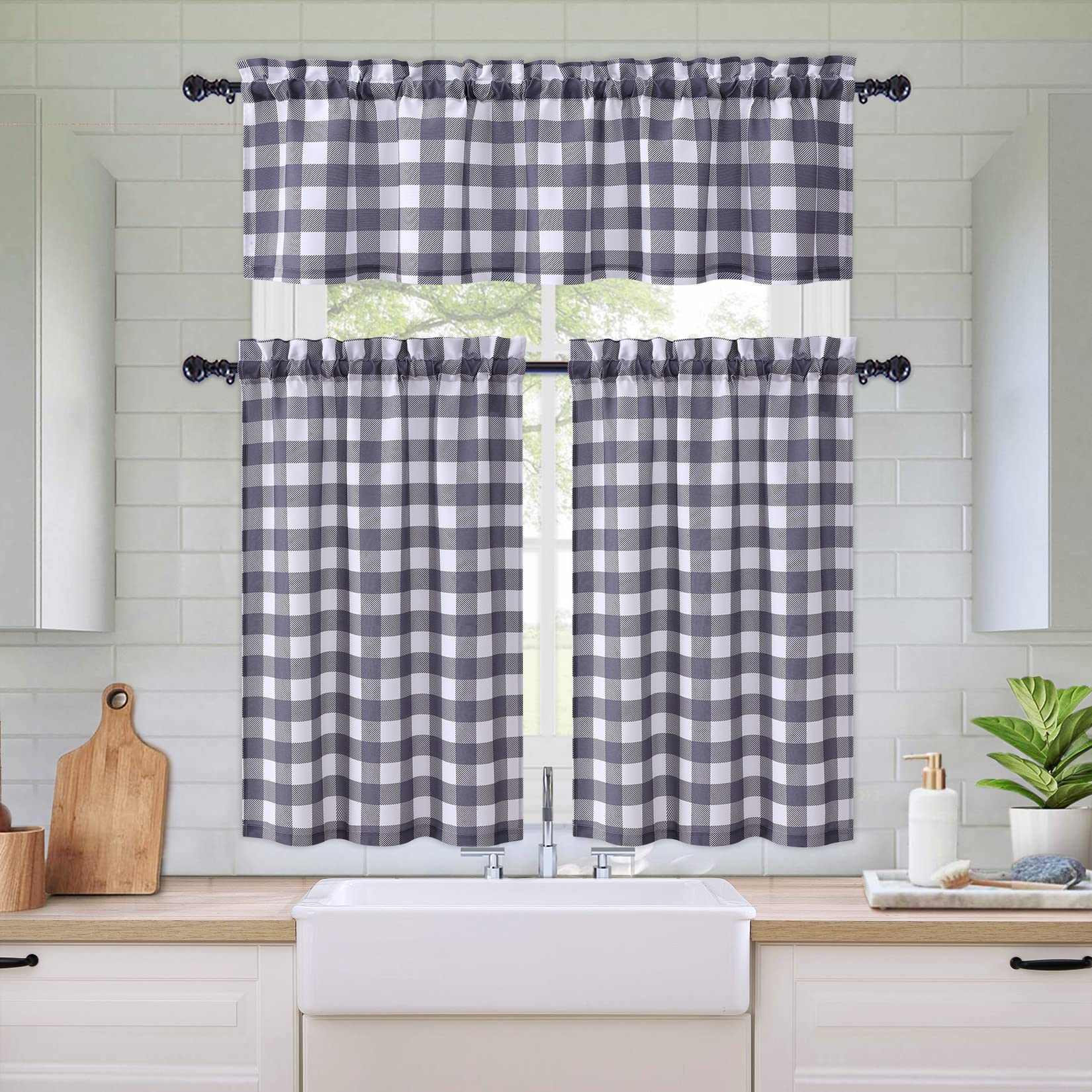 GARVEE Tende corte a quadri grigi Buffalo in poliestere impermeabile per cucina, bagno e soggiorno, 28"x24"