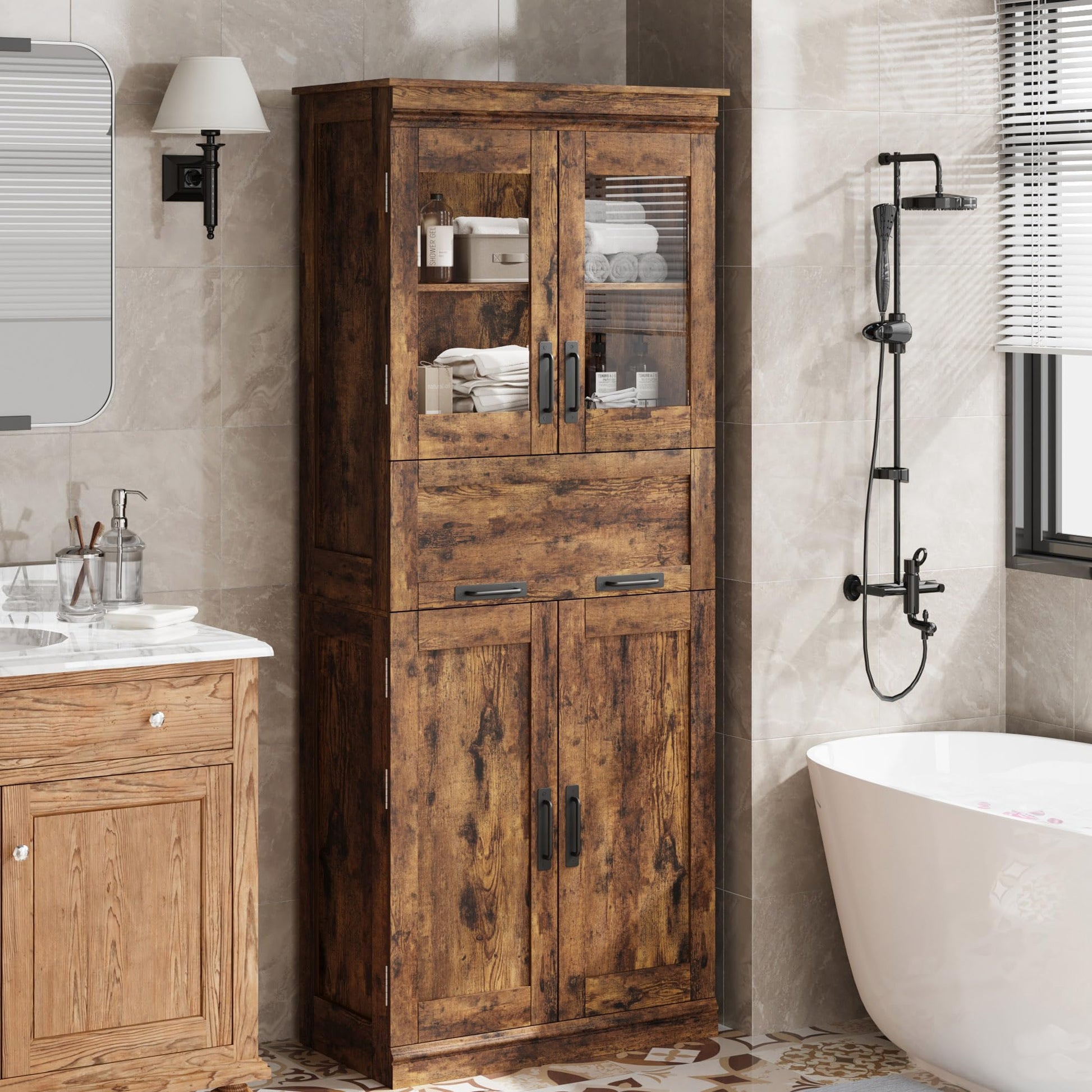 Mobiletto da bagno alto Garvee da 67" con 4 ante e cassetto in vetro per bagno e cucina, ripiani regolabili, marrone rustico, MDF, robusto e moderno