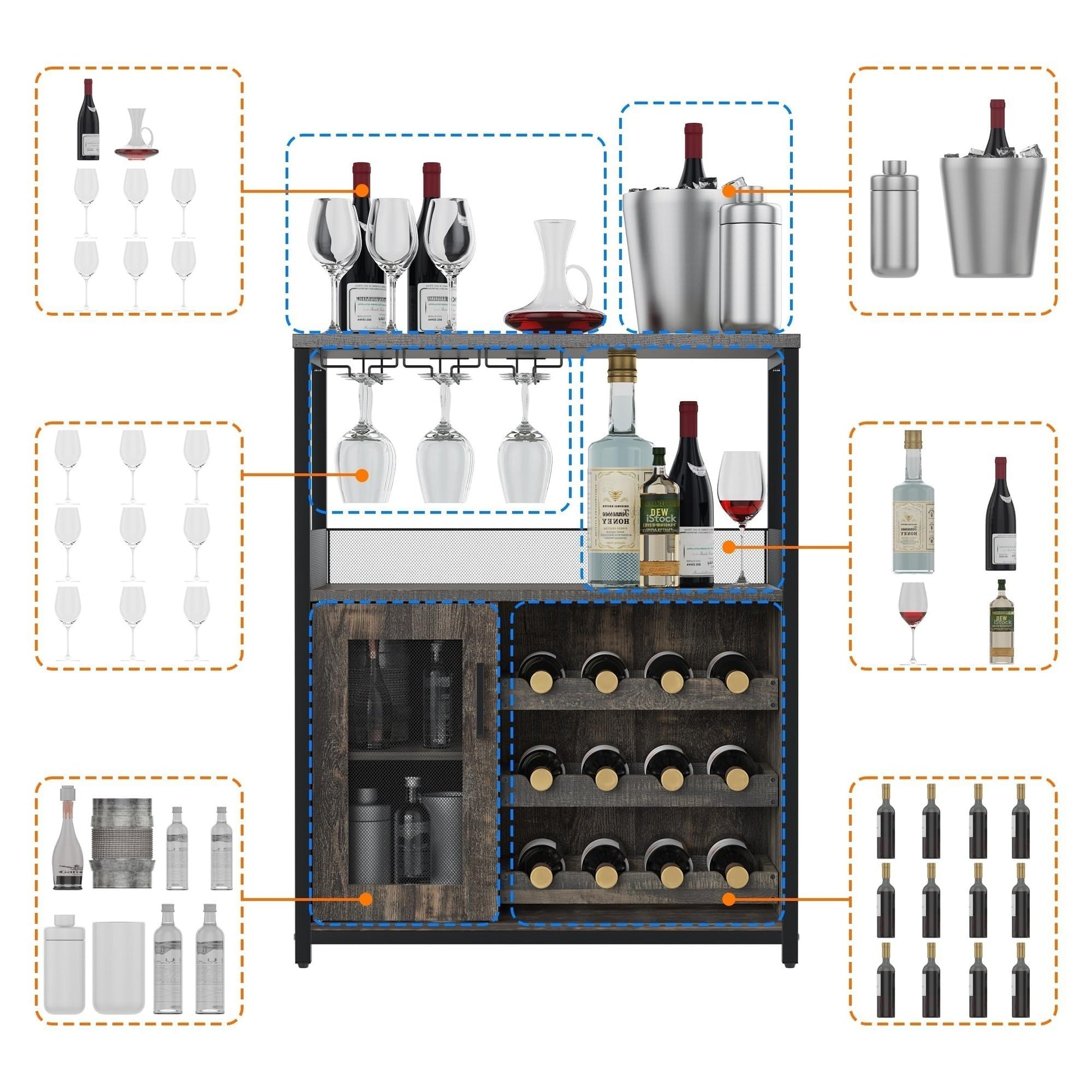 Mobile bar per vino Garvee a 3 ripiani con portabottiglie rimovibile, portabicchieri per cucina e soggiorno, 27,2"L x 13,8"P x 36,2"A, MDF e ferro