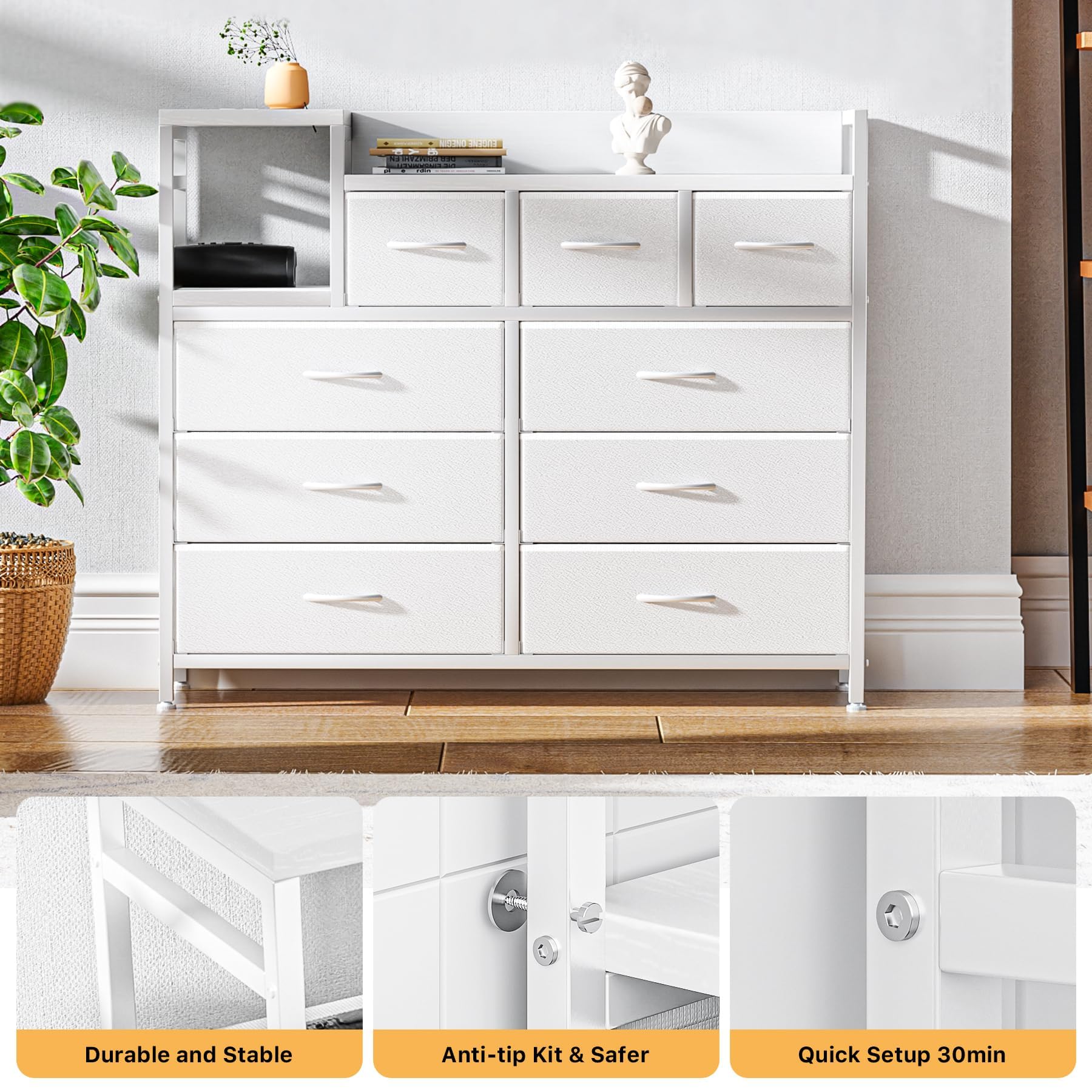 Cassettiera Garvee con 9 cassetti in tessuto, multifunzionale per camera da letto e soggiorno, 100x30x86 cm, bianco