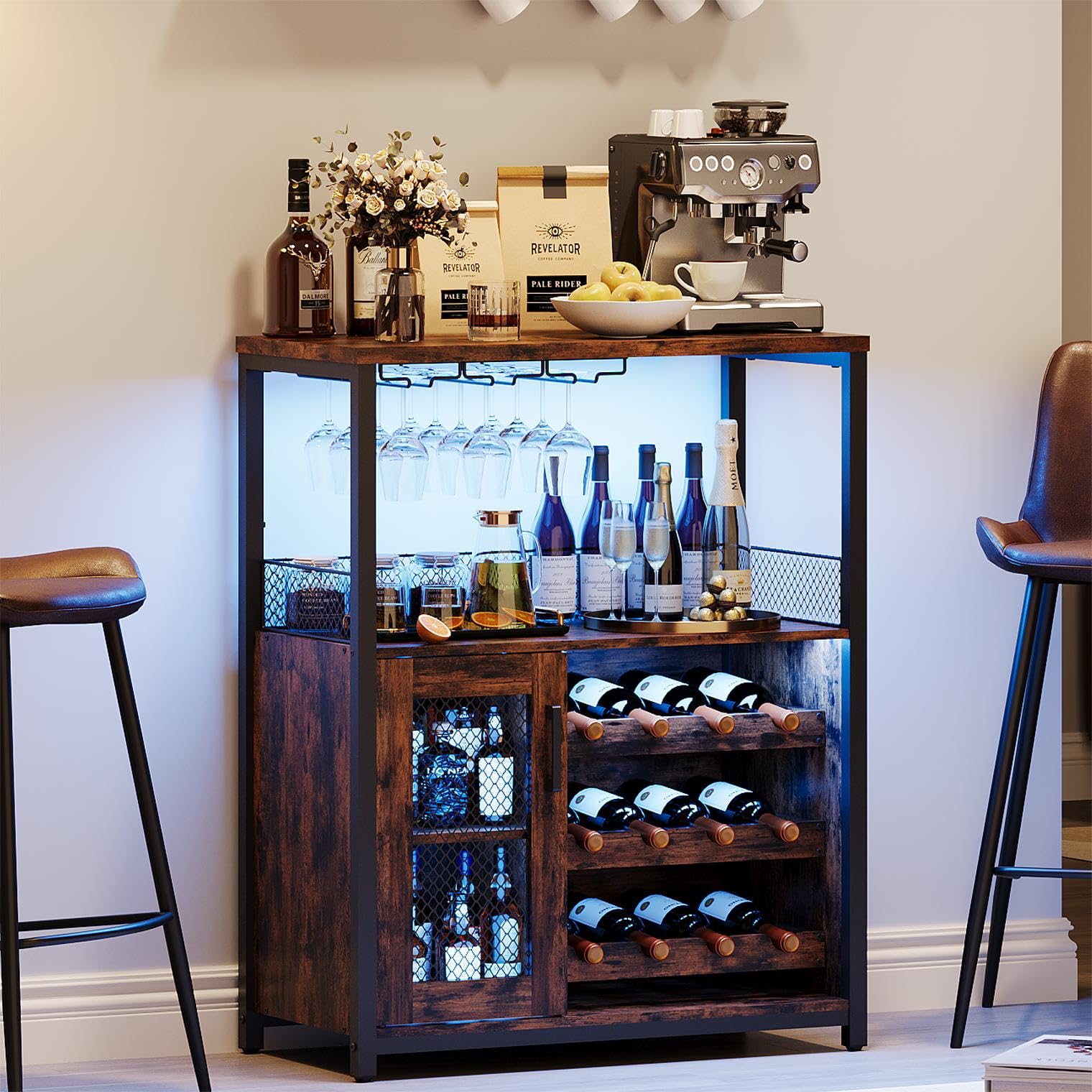 Mobile bar per vino Garvee con luce LED, ripiani regolabili, porta in rete per cucina e sala da pranzo, altezza 36,2", MDF e metallo, robusto, compatto