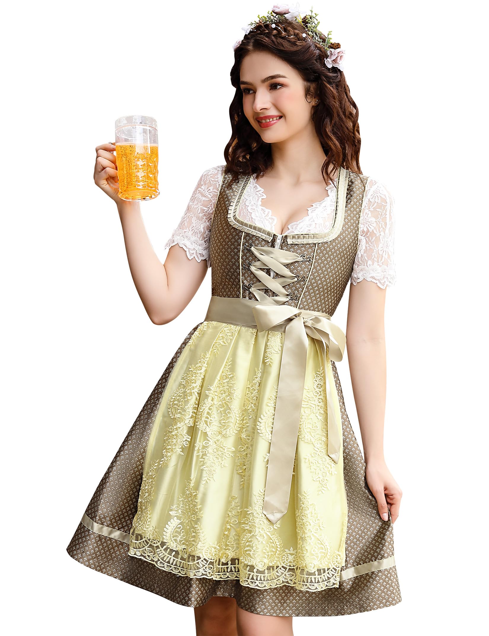 Abito tradizionale da donna Garvee, Dirndl midi, tre pezzi, verde kaki, taglia 34, per l'Oktoberfest