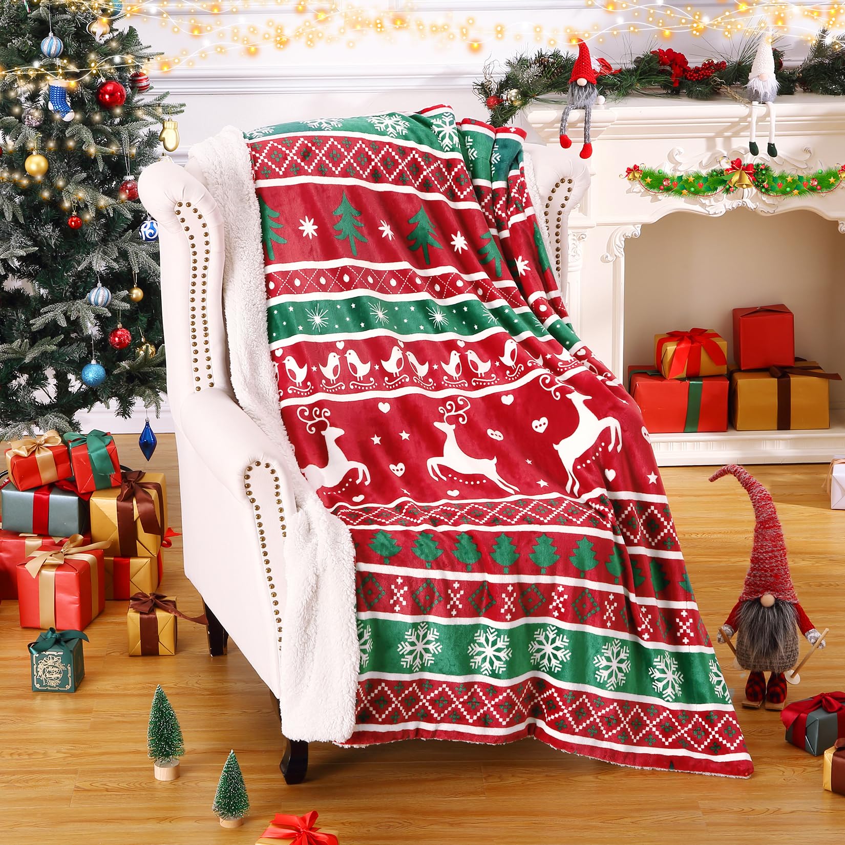 Coperta natalizia Garvee in flanella Sherpa 50x60, rossa, verde, calda e accogliente, reversibile, decorazione per divano.