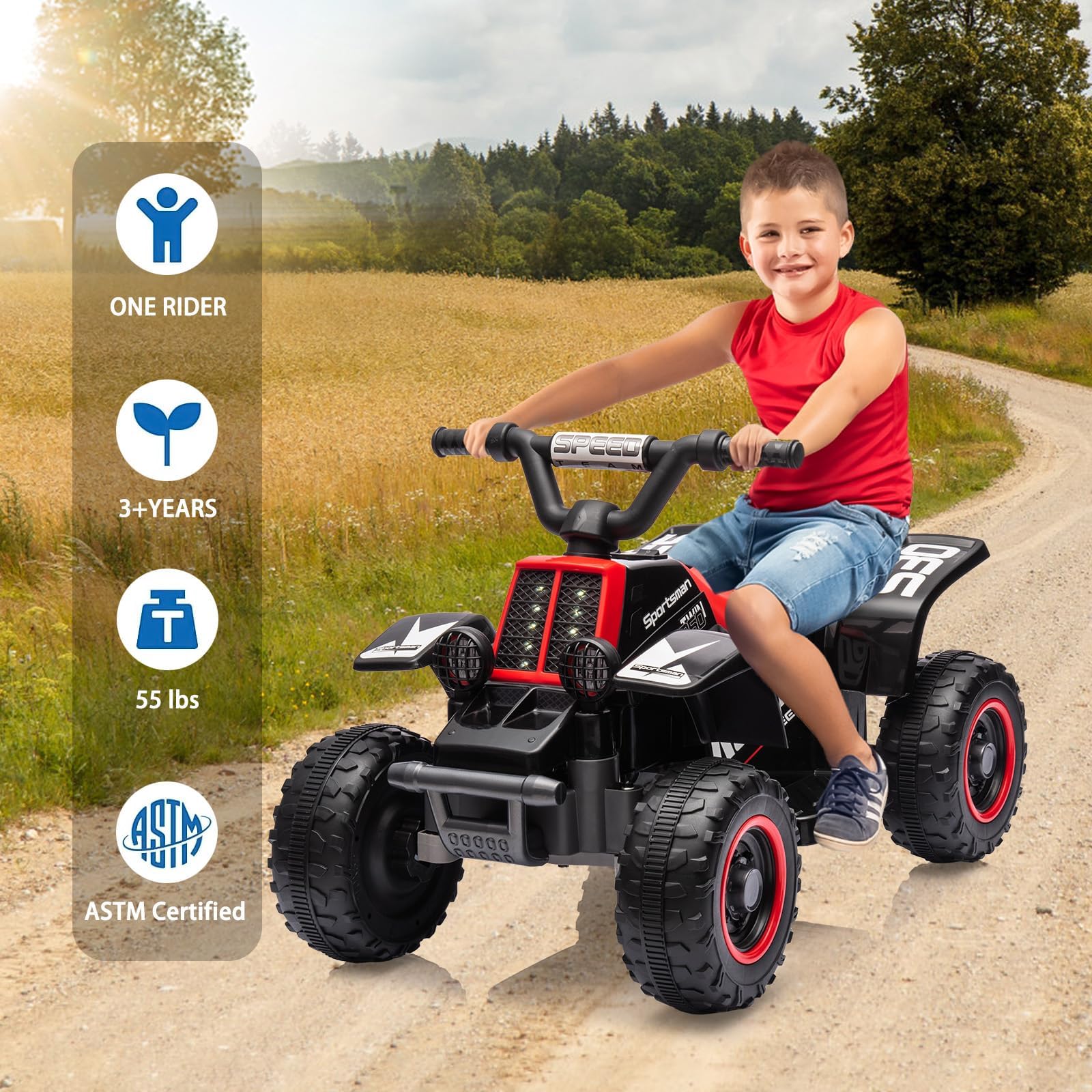 Quad elettrico per bambini Garvee 6V nero con musica a LED per una guida sicura a partire dai 3 anni, sia all'interno che all'esterno.
