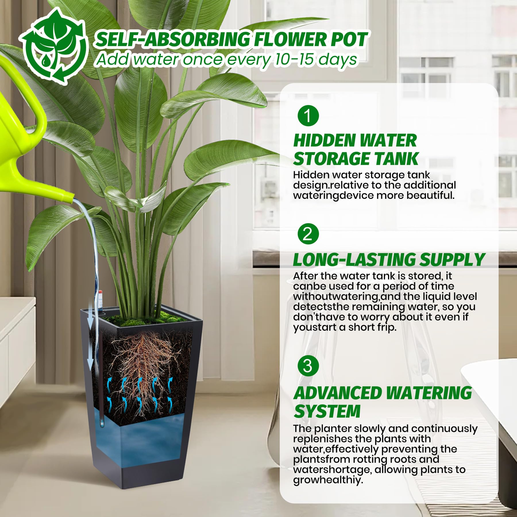 Garvee Set di 2 fioriere alte 16" con irrigazione automatica e indicatore del livello dell'acqua per giardino e patio, nere, resistenti alle intemperie, in plastica