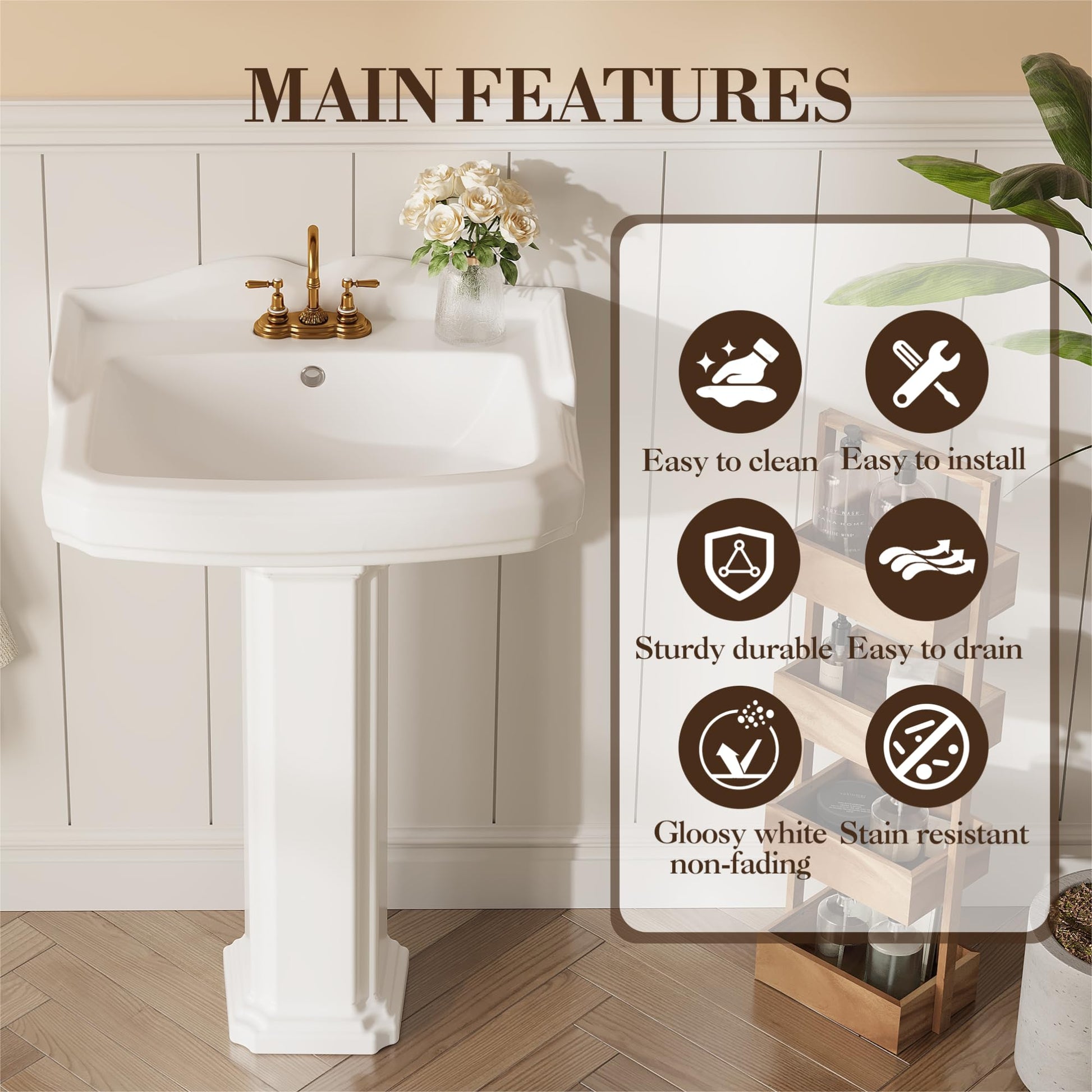 Lavabo rettangolare in ceramica Garvee da 23x19 pollici con rubinetto a 3 fori e troppo pieno per bagno moderno in bianco