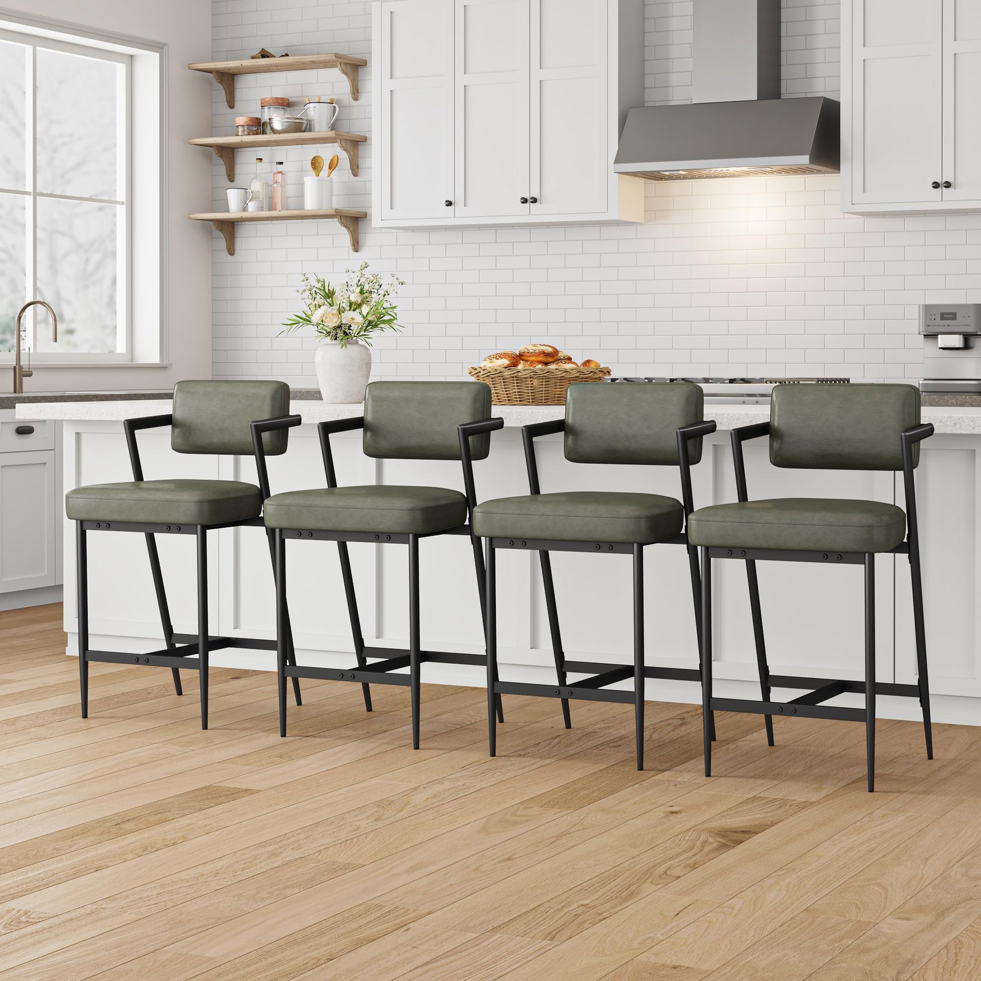 Set di 2 sgabelli da bar Garvee, seduta imbottita, struttura in metallo, schienale, poggiapiedi, verde retrò, per cucina e bancone da bar, 26,8 pollici