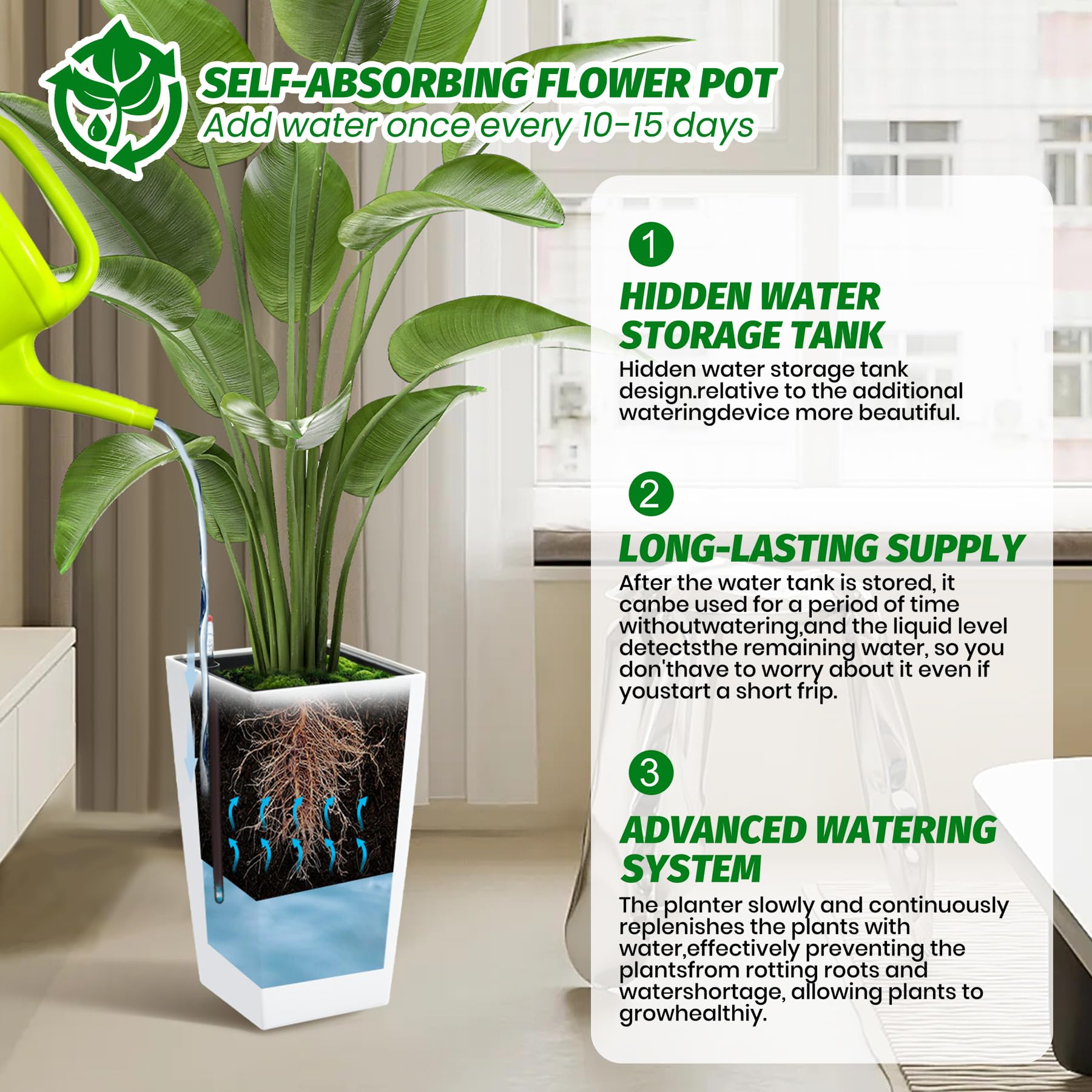 Set di 2 fioriere Garvee alte 16" nere con irrigazione automatica e indicatore del livello dell'acqua per uso interno ed esterno