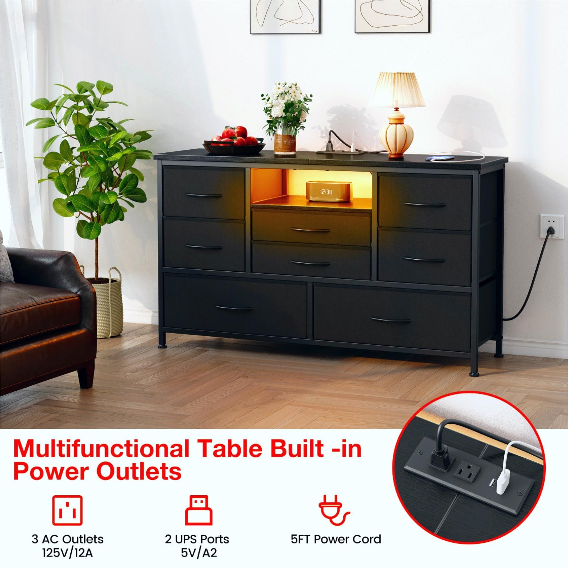 Mobile TV Garvee a 8 cassetti con illuminazione a LED e presa di corrente per soggiorno e camera da letto, in legno MDF, grande, leggero, gestione dei cavi