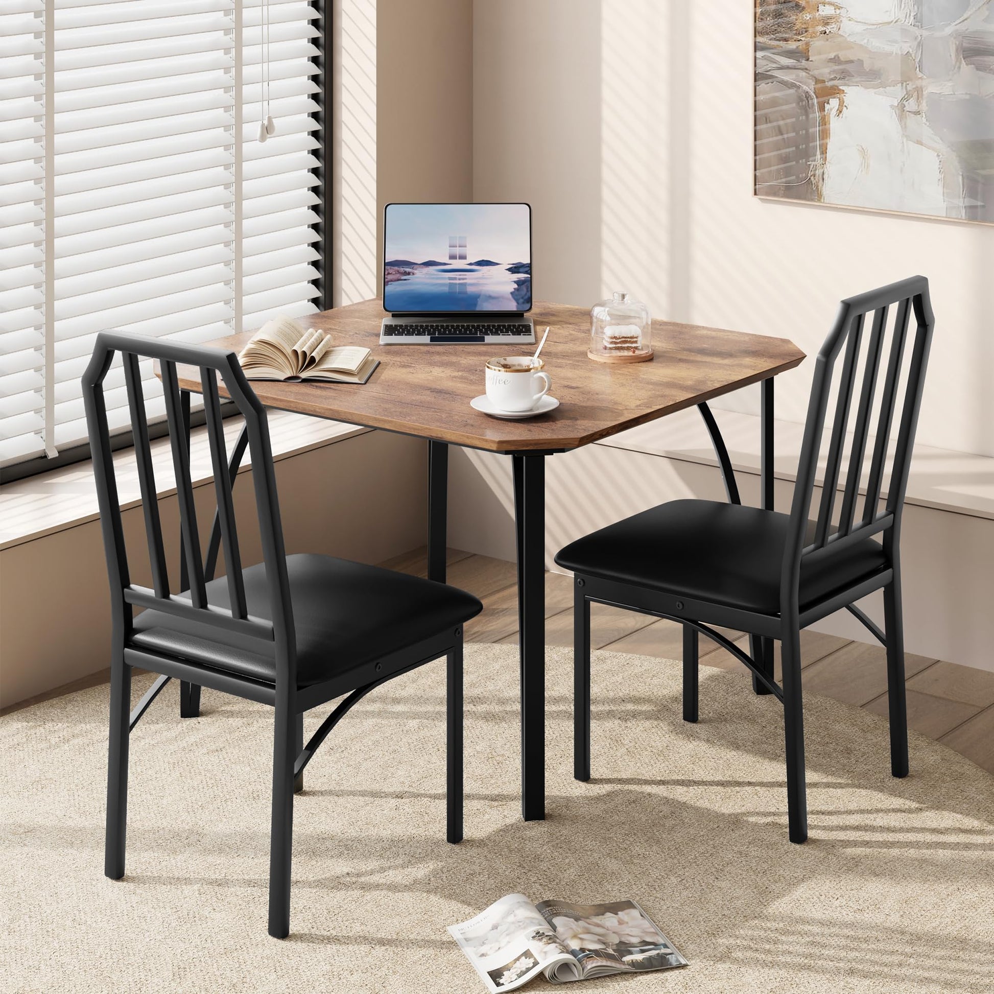 Set da pranzo Garvee per 2 persone con design smussato, sedie imbottite in PU, MDF e acciaio, compatto, ideale per piccoli spazi, 43,7x27,5x30,7 pollici, nero