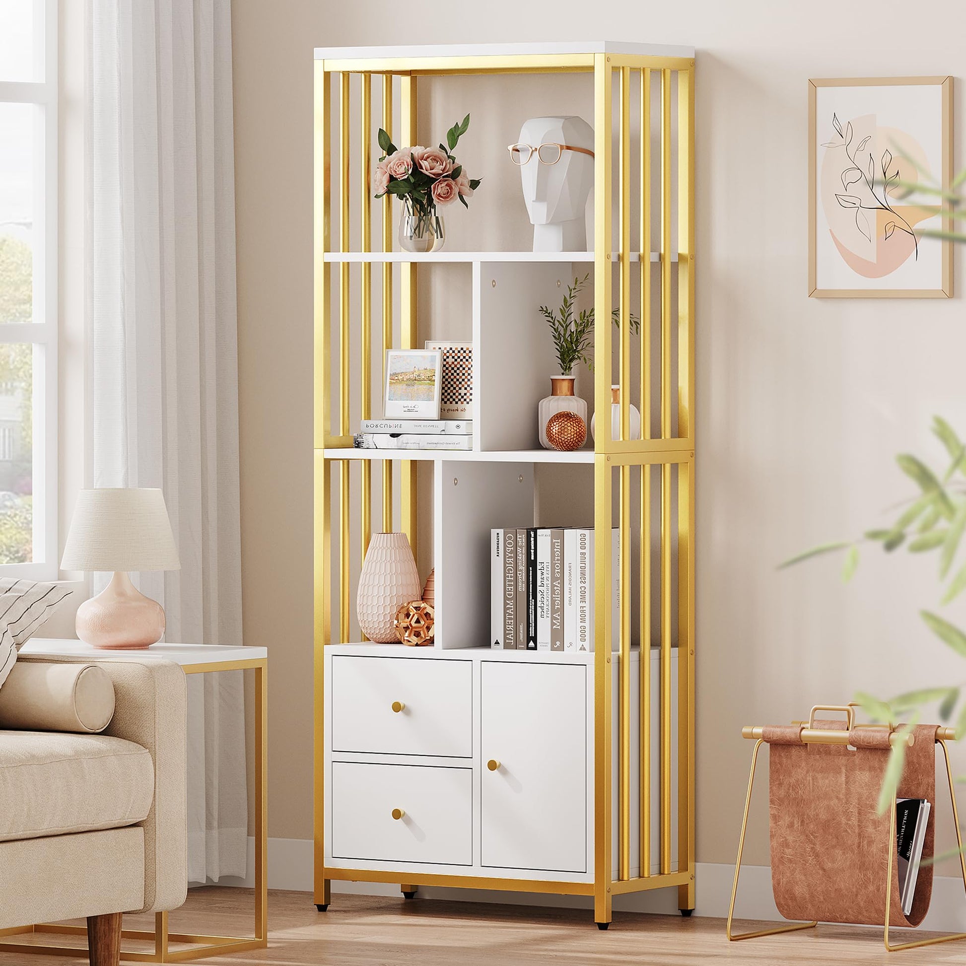 Libreria Garvee a 4 ripiani con 3 cassetti, oro e bianco, struttura in metallo per soggiorno e ufficio, design moderno, piedini regolabili